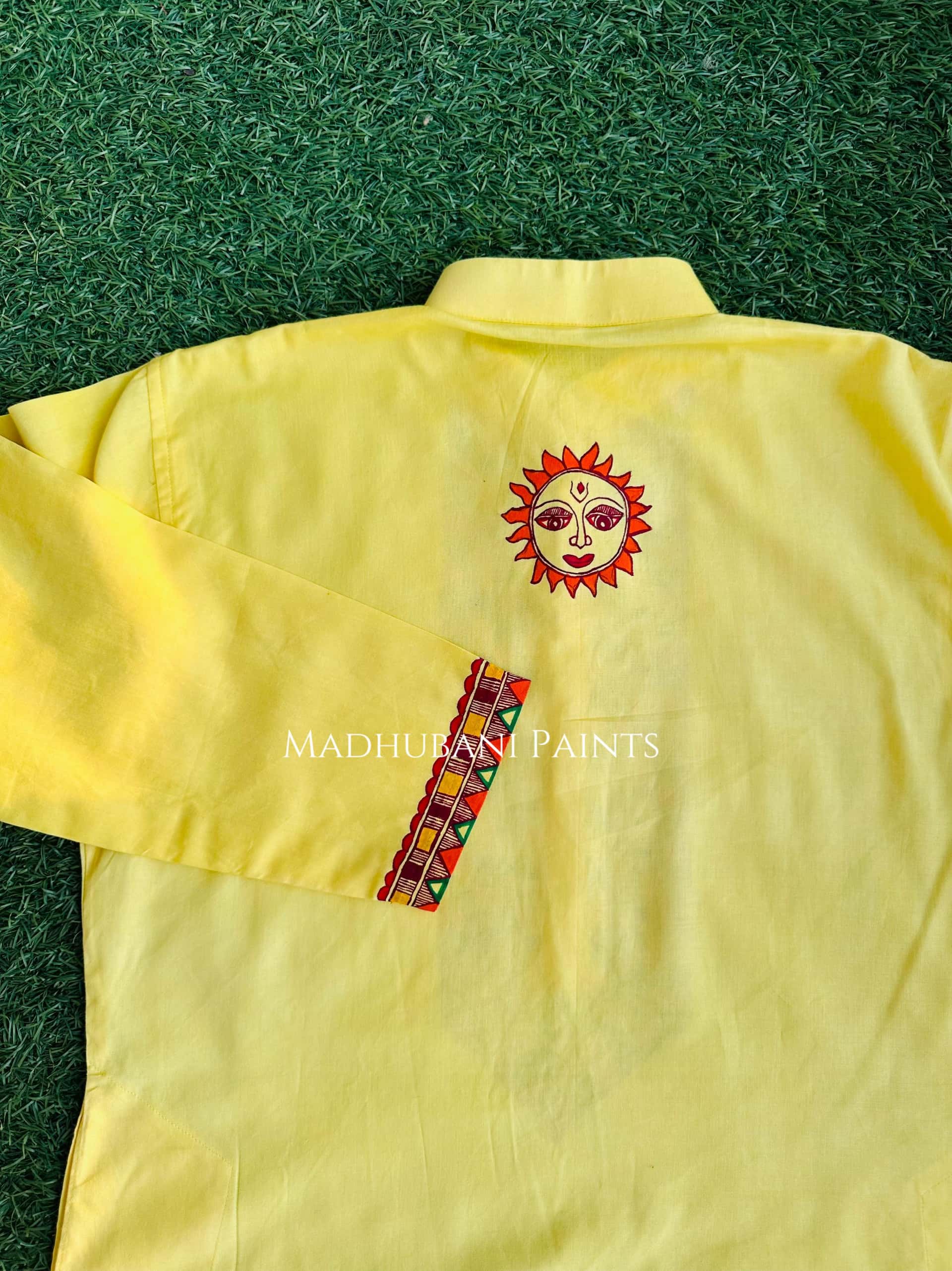 Yellow Chhath Puja Hand-painted  Madhubani Men's Cotton Kurta — image 4 of 8