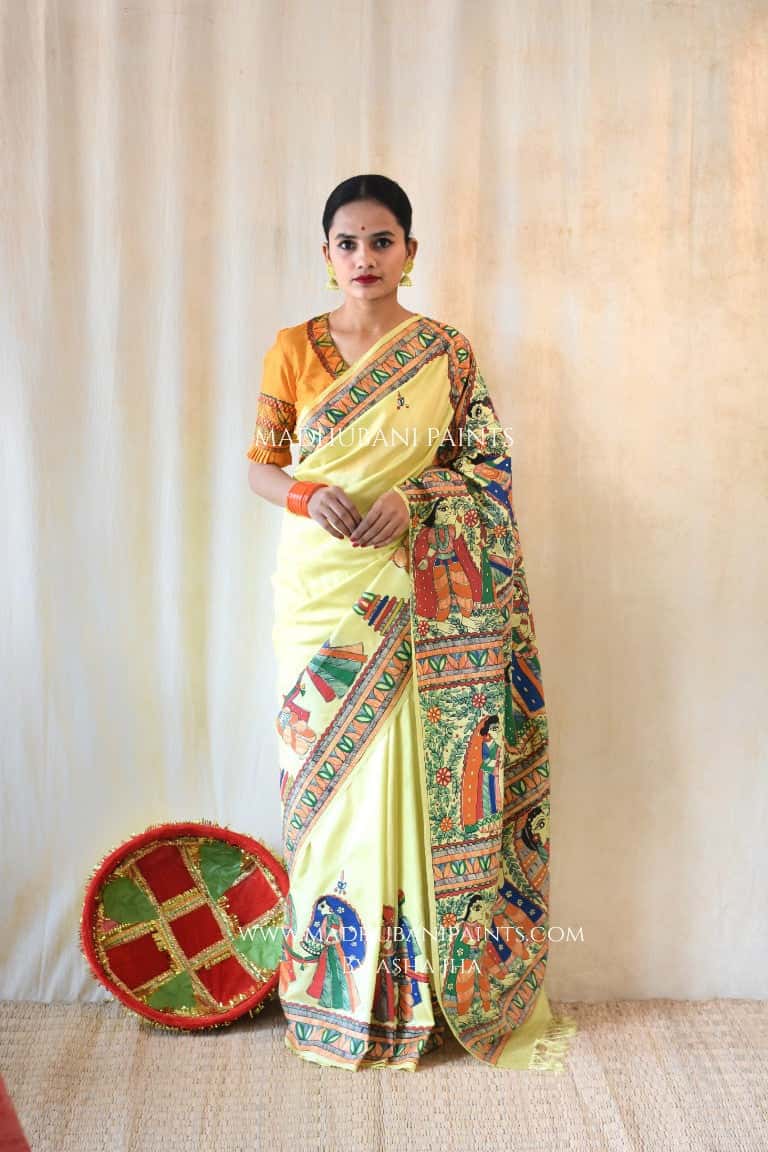 'SHAADI VIDDHI' Handpainted Madhubani Bishnupuri Silk Saree Blouse Set — image 6 of 12