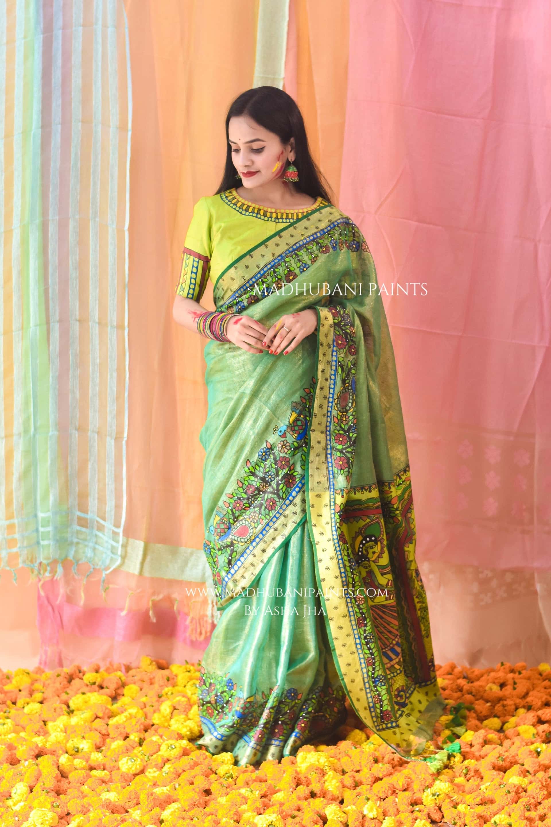 VASANTI Hand-painted Madhubani Tissue Linen Saree — image 4 of 8