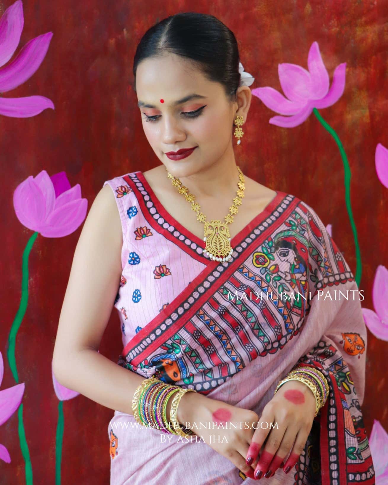 'BHARGAVI' Handpainted Madhubani CHANDERI Saree Blouse Set — image 4 of 11