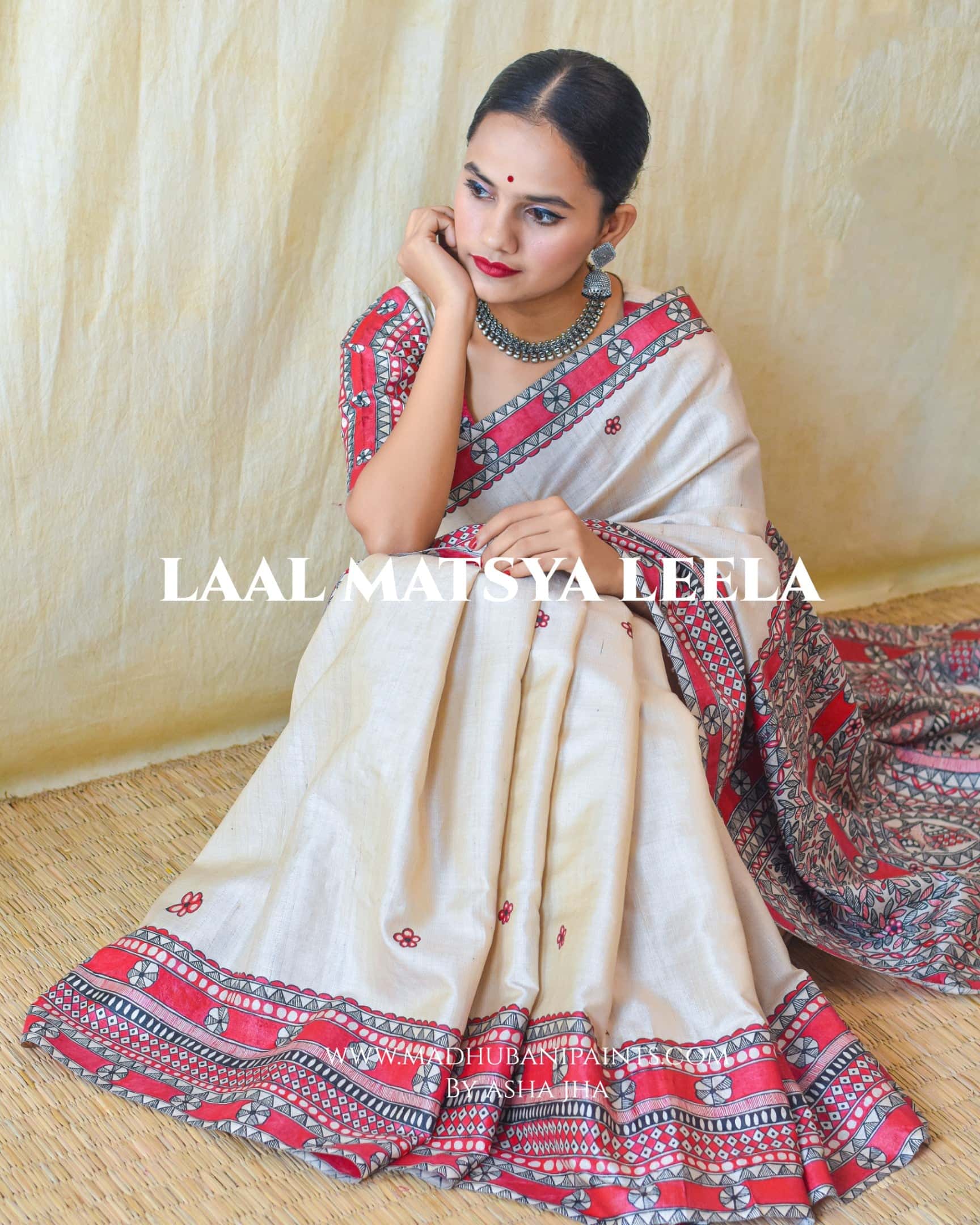 'LAAL MATSYA LEELA'  Handpainted Madhubani Tussar Silk Saree — image 7 of 7