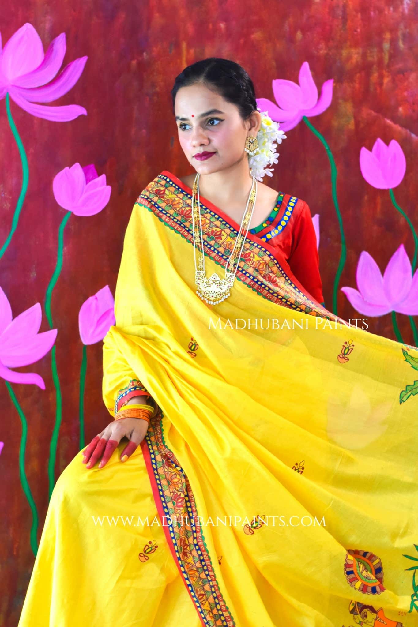 Surya Kiran Chhath Puja Hand painted Madhubani Cotton Saree — image 2 of 8