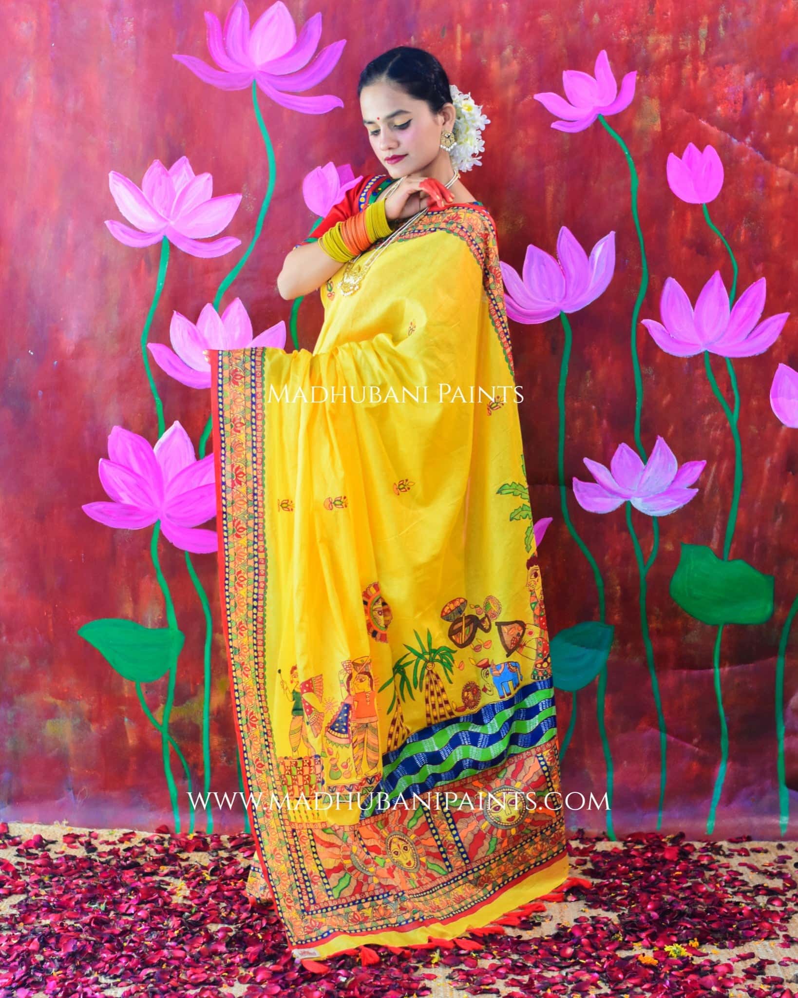 Surya Kiran Chhath Puja Hand painted Madhubani Cotton Saree — image 5 of 8