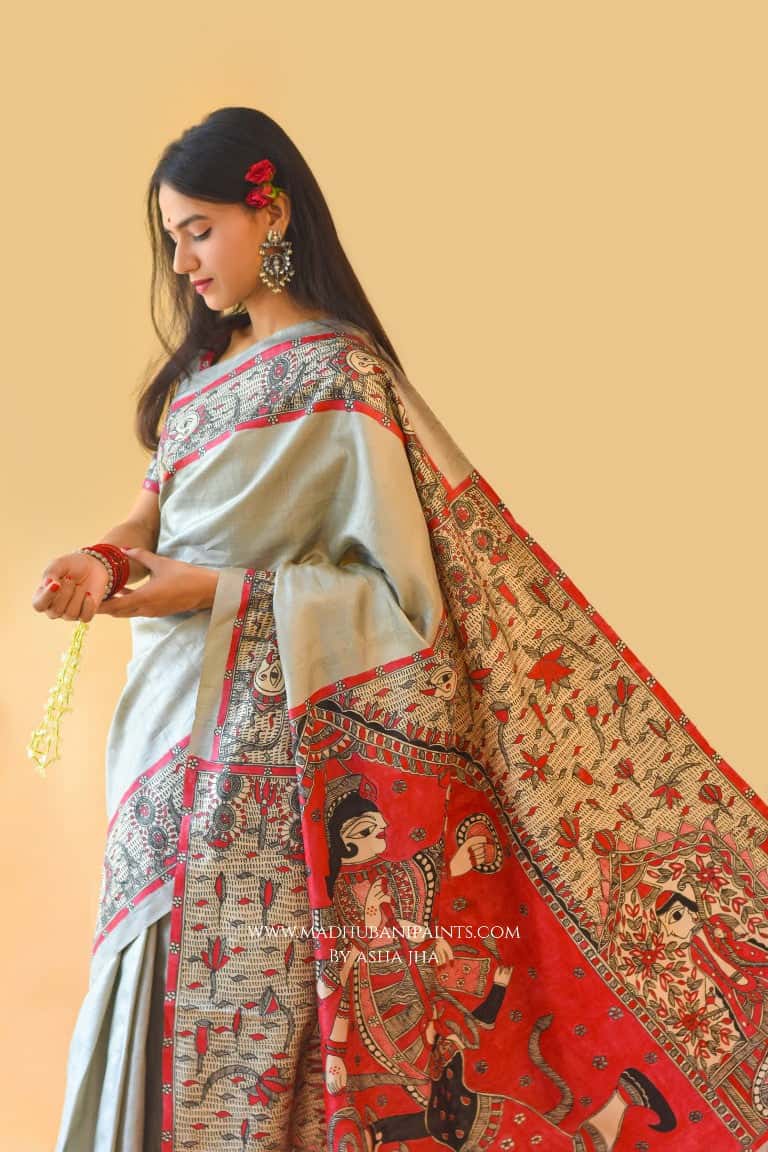 'RAJESHWARI' Handpainted Madhubani Tussar Silk Saree Blouse set — image 2 of 10