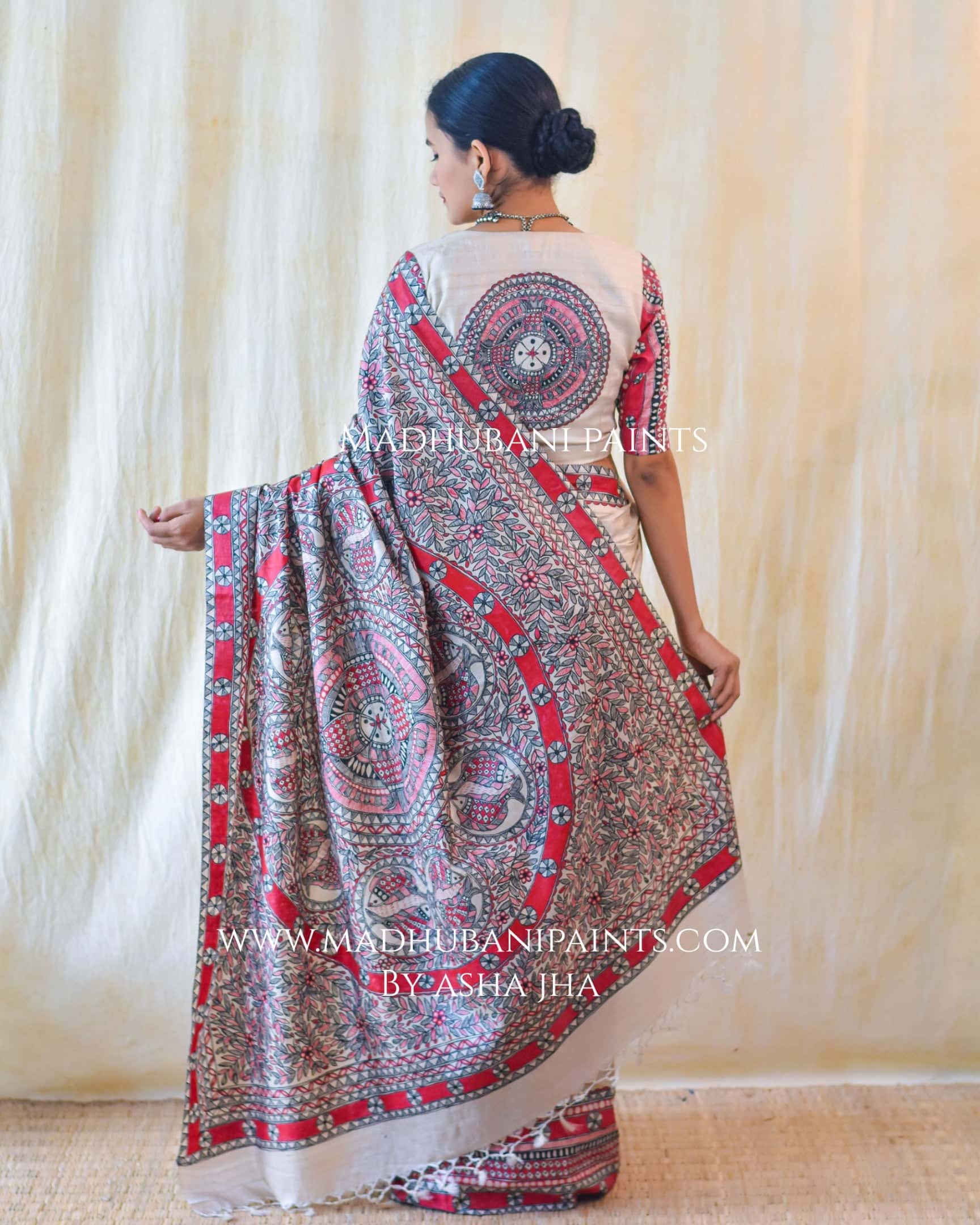'LAAL MATSYA LEELA'  Handpainted Madhubani Tussar Silk Saree — image 4 of 7