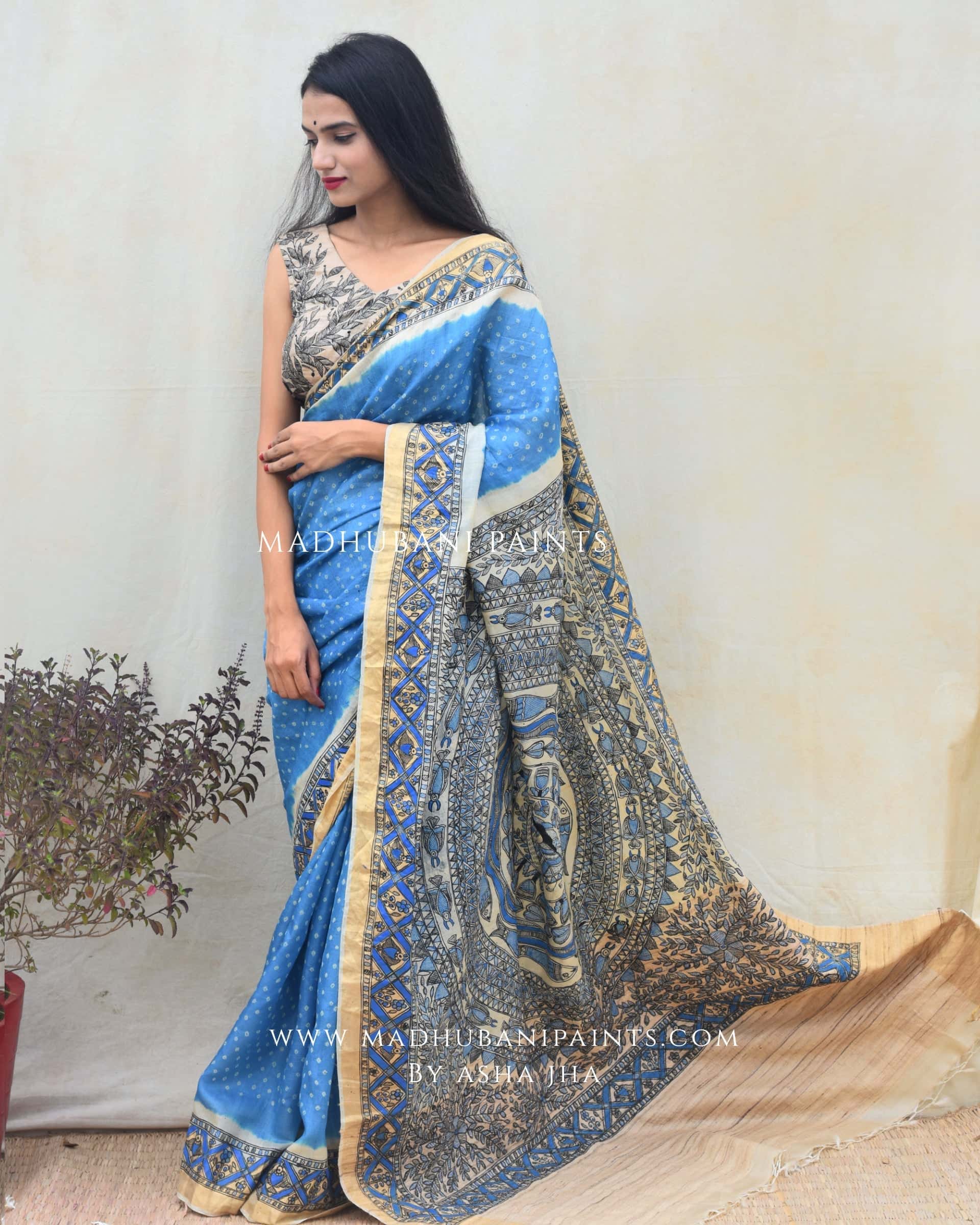 'AASMANI' Madhubani Hand-painted Bandhani Tussar Silk Saree — image 6 of 7
