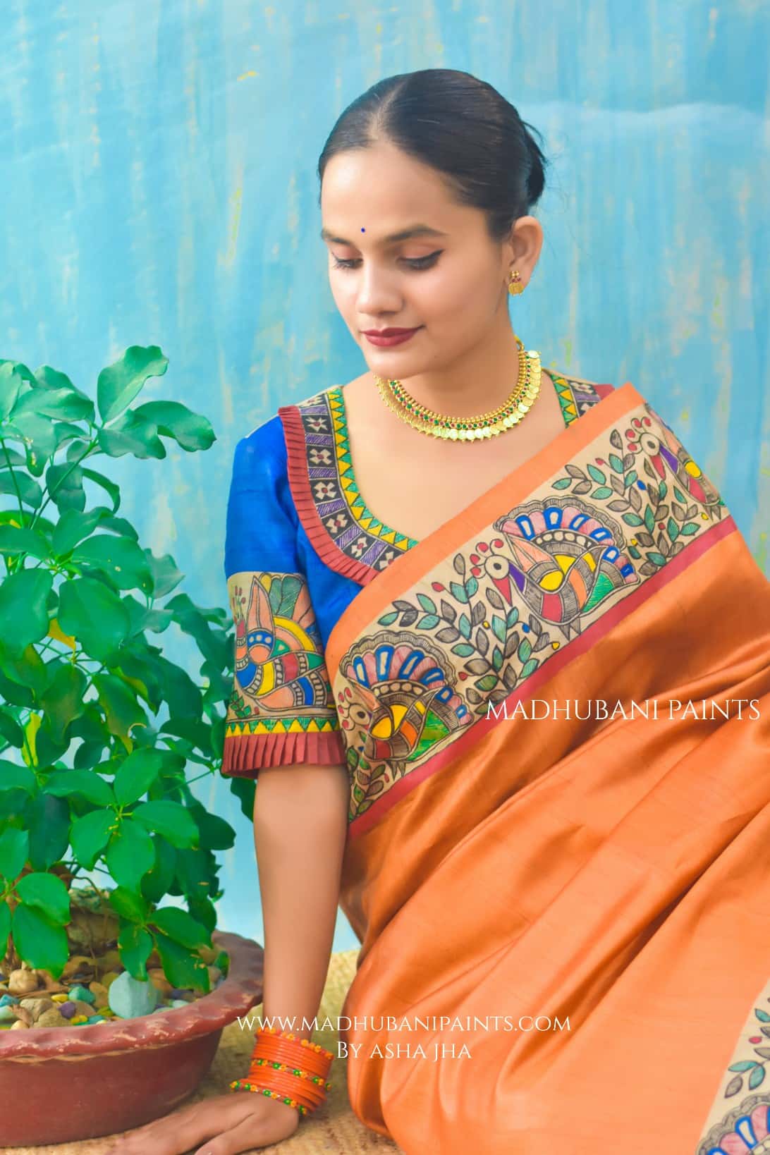 'NARANGI DOLI' Hand Painted  Madhubani Tussar Silk Saree — image 3 of 5