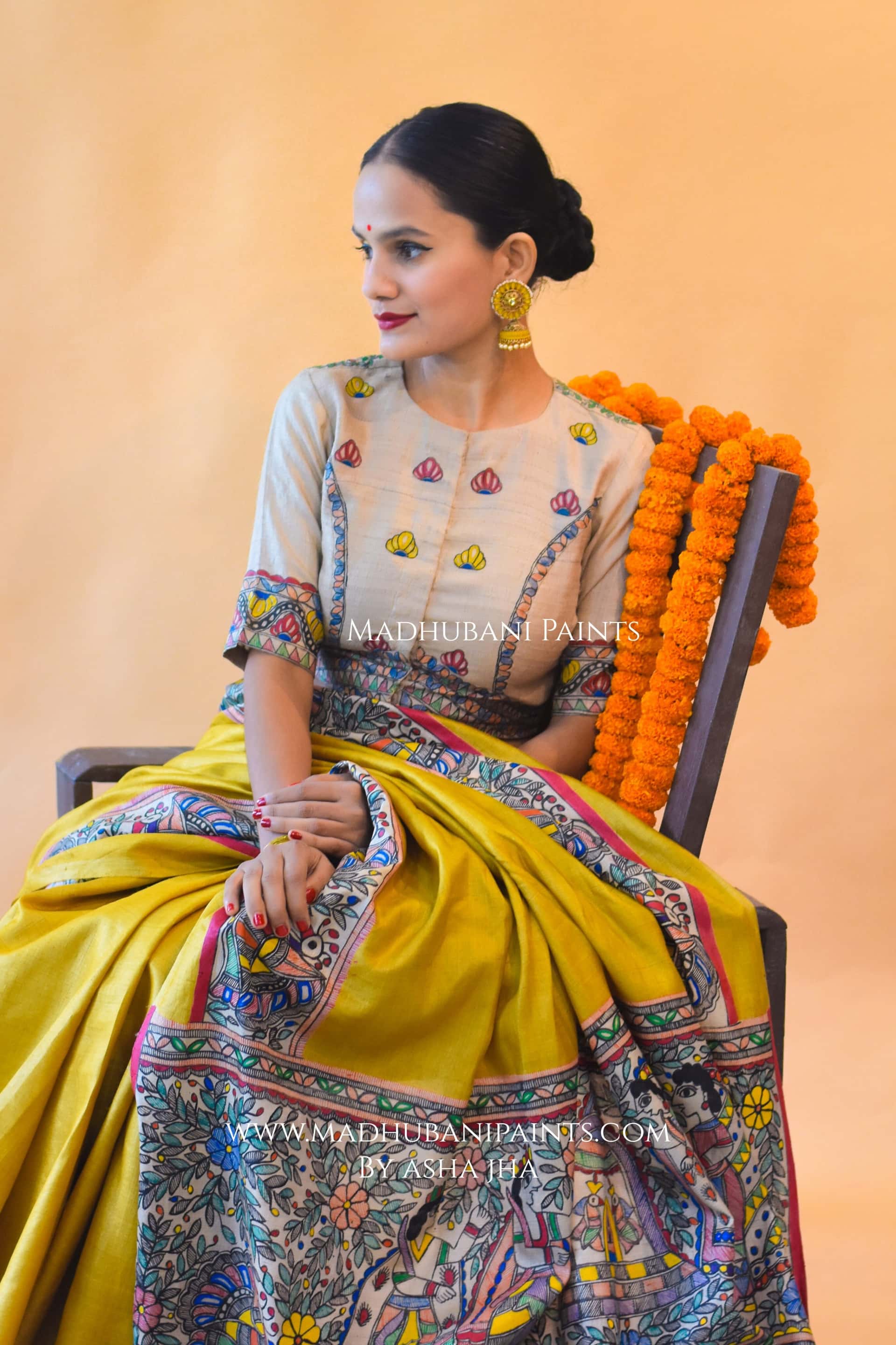 "Peela Ramayan" Hand-painted Madhubani Tussar Silk Saree Blouse Set — image 5 of 8