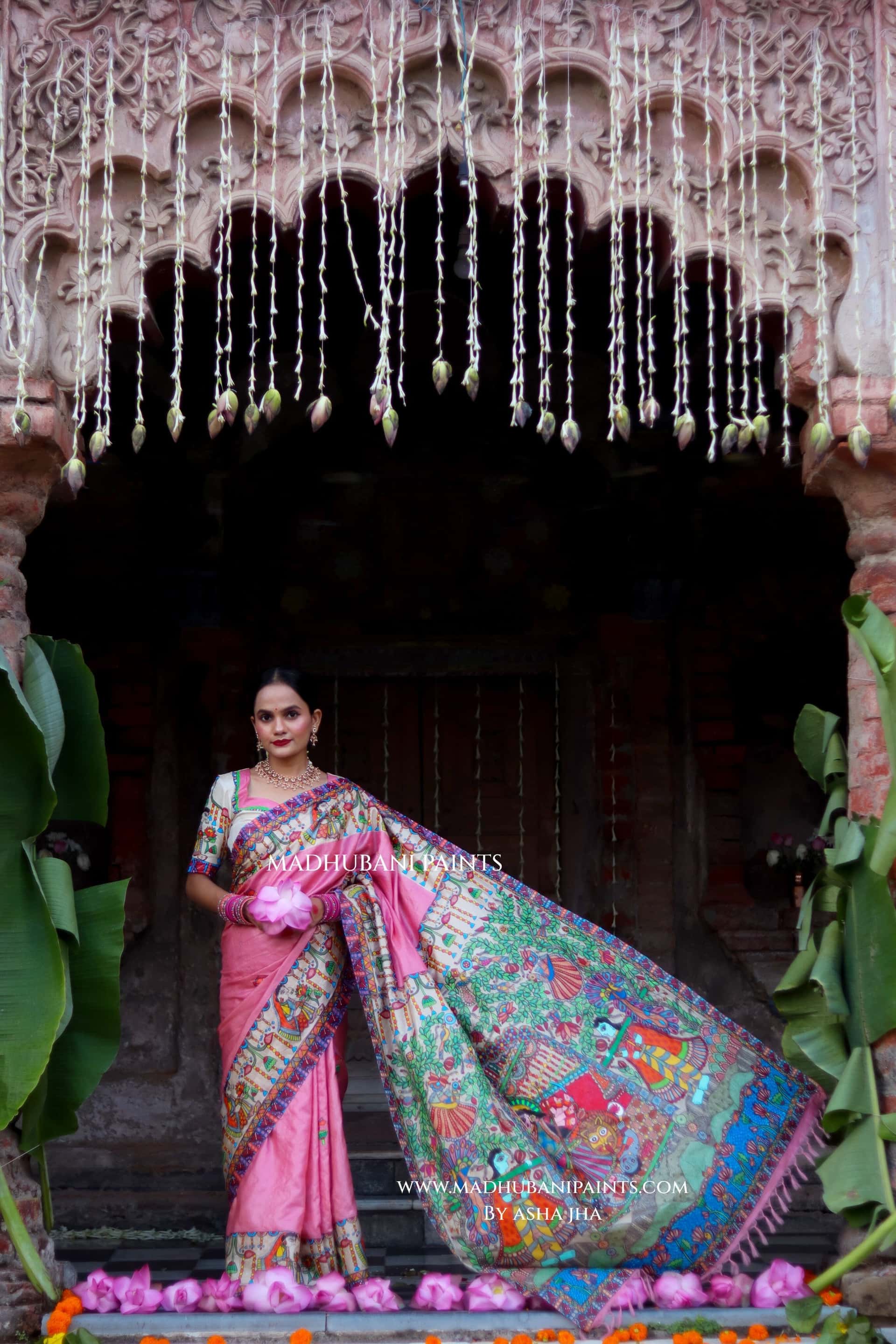 Durga Ji Ki Palki Handpainted Tussar Silk Madhubani Saree — image 3 of 9