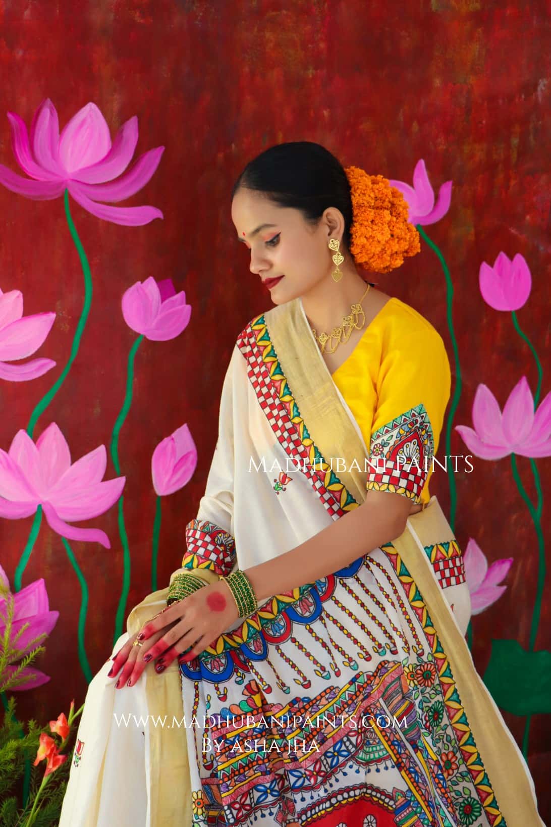 'ROOPVARDHINI' Handpainted Madhubani Cotton Saree Blouse Set — image 15 of 16