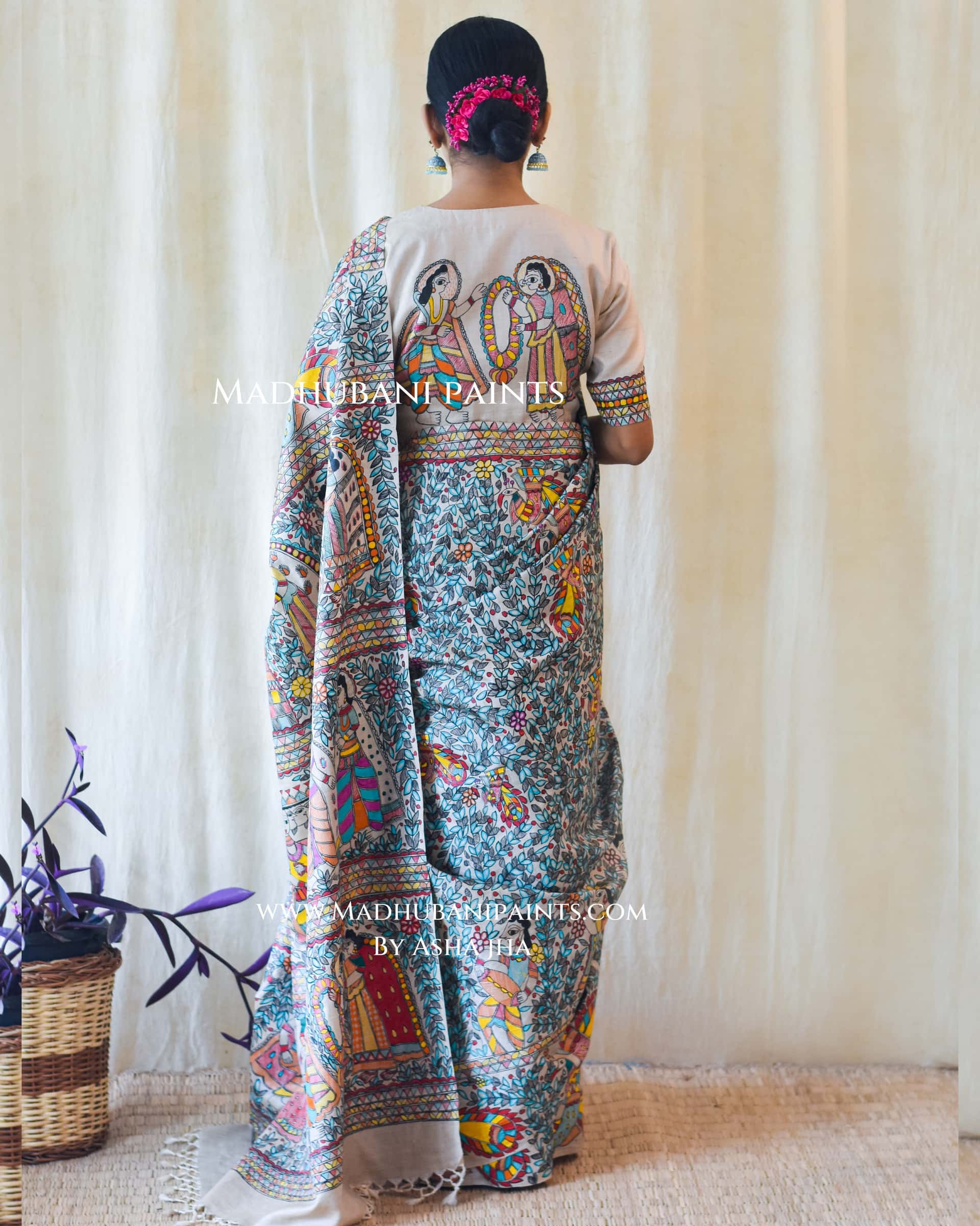 NEEL RAMAYAN Half Work Hand-painted Madhubani Tussar Silk Saree Blouse Set — image 2 of 10