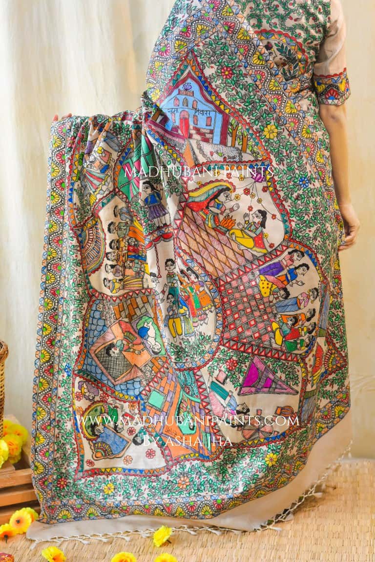'KAHANI PADMA KI' Handpainted Madhubani Tussar Silk Saree — image 10 of 11