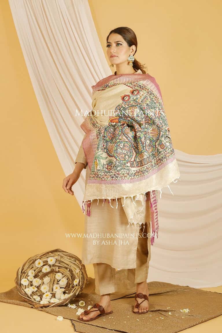 Kohbar Madhubani Handpainted Pure Handloom Cotton Dupatta — image 2 of 4