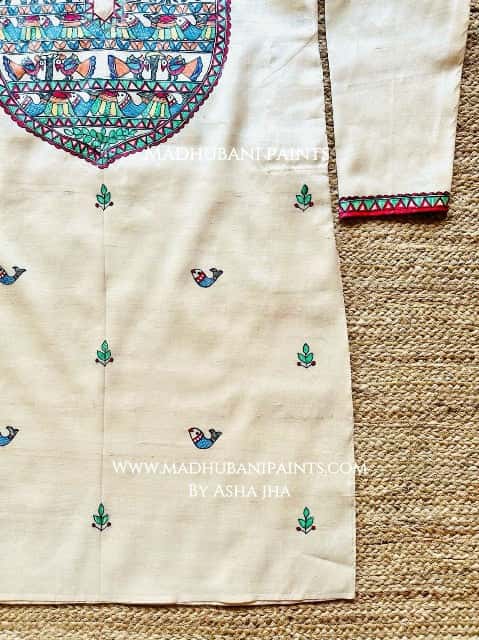 Hathi Mor Machli with Boota Hand-painted Madhubani Men's Tussar Silk Kurta — image 3 of 4