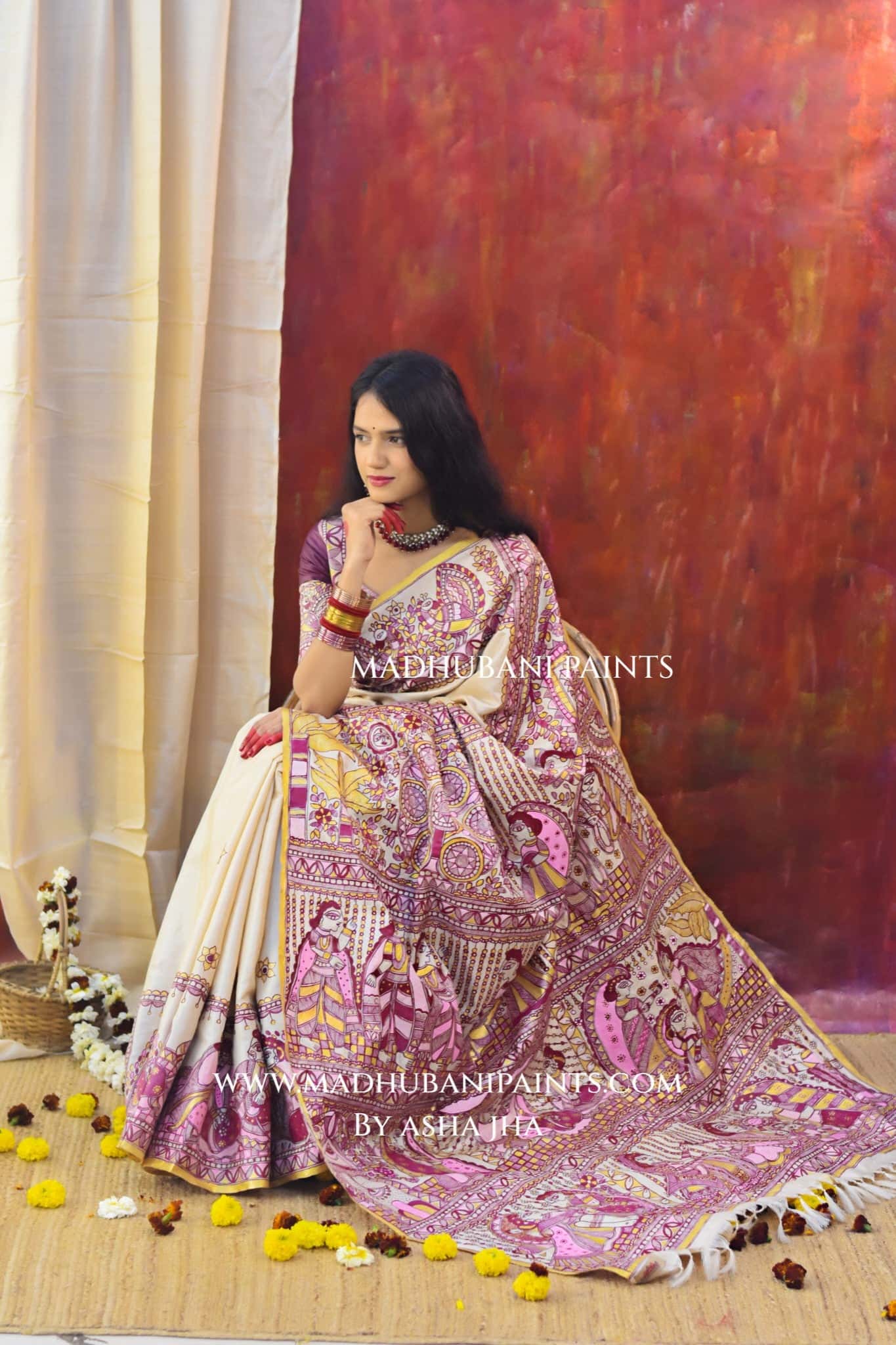 SUHAGIN Hand-painted Madhubani Tussar Silk Saree — image 8 of 9