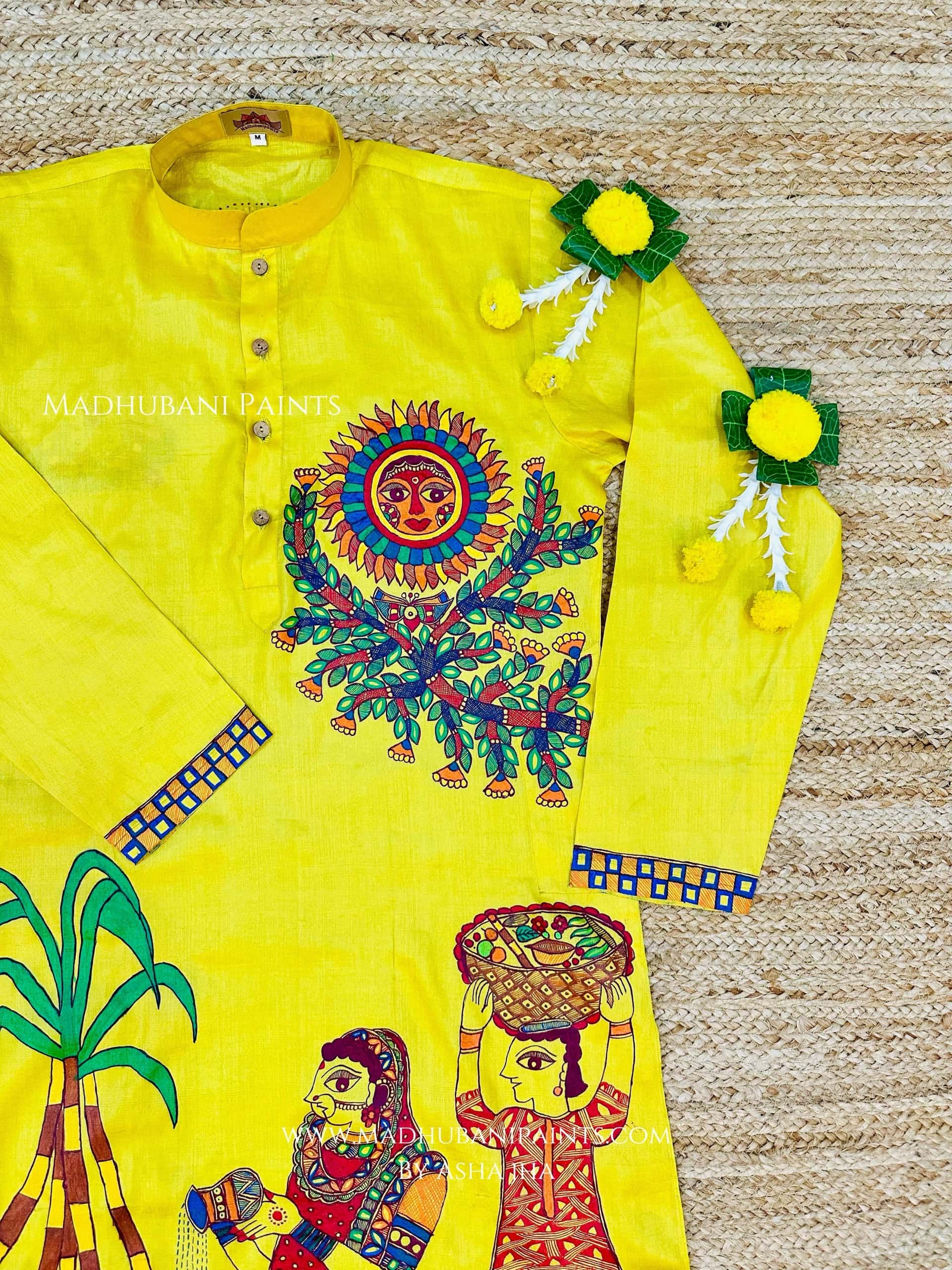 Chhath Puja Hand-painted  Madhubani Men's Tussar Silk Kurta — image 4 of 6