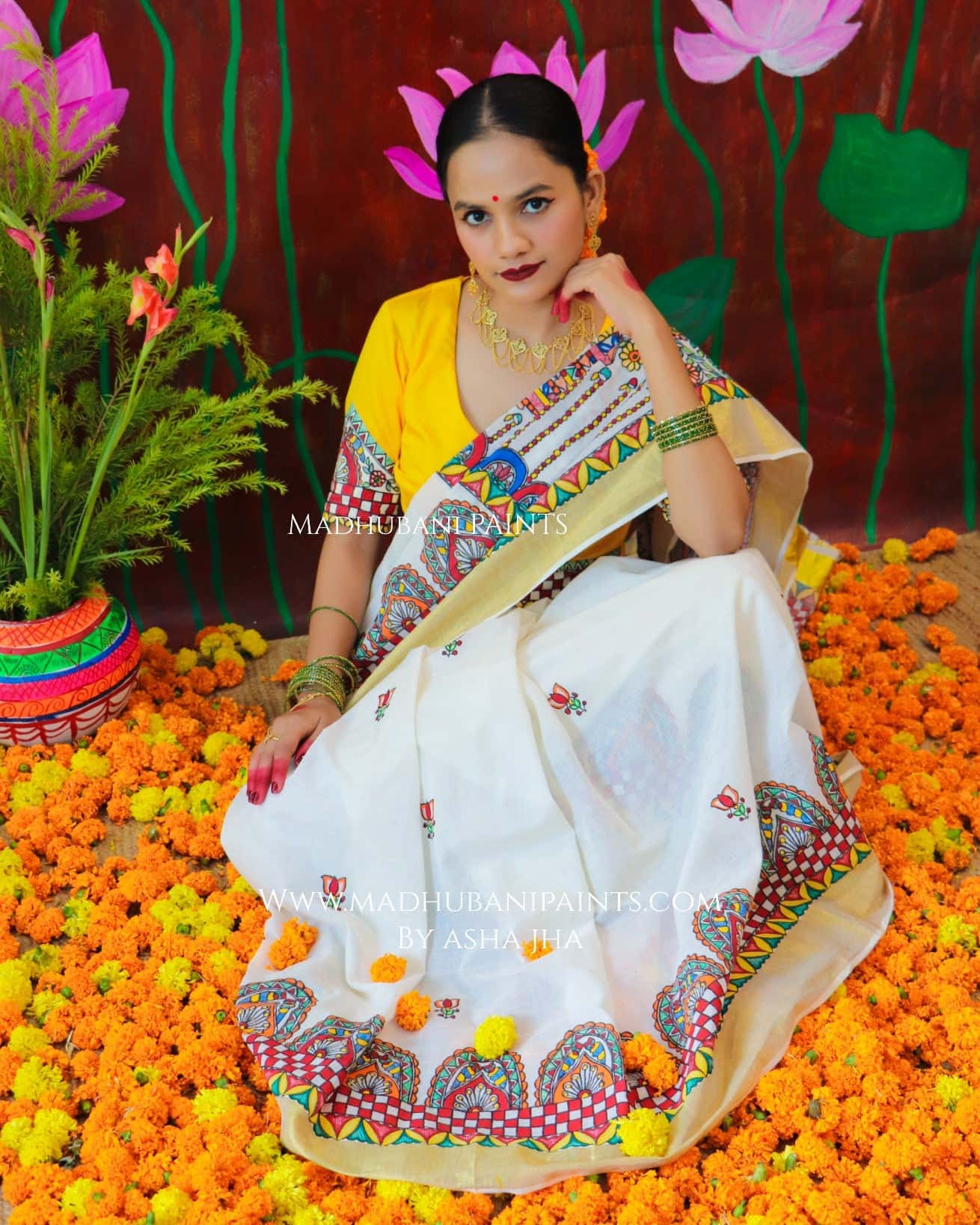 'ROOPVARDHINI' Handpainted Madhubani Cotton Saree Blouse Set — image 7 of 16