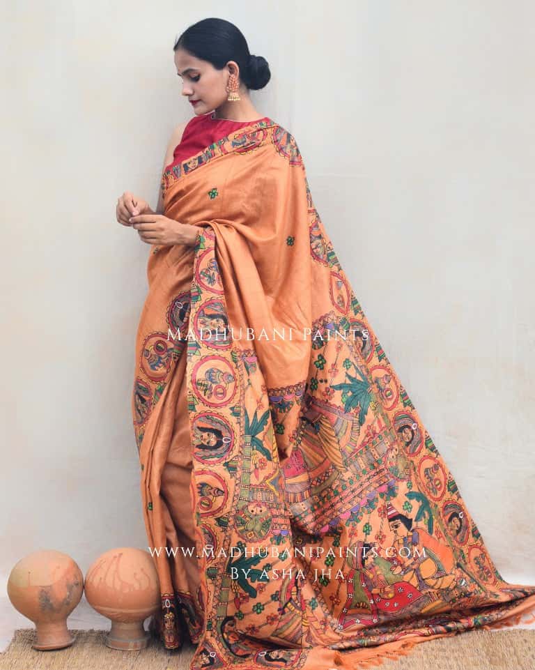'BENGALI VIVAH' Handpainted Madhubani Tussar Silk Saree — image 5 of 5