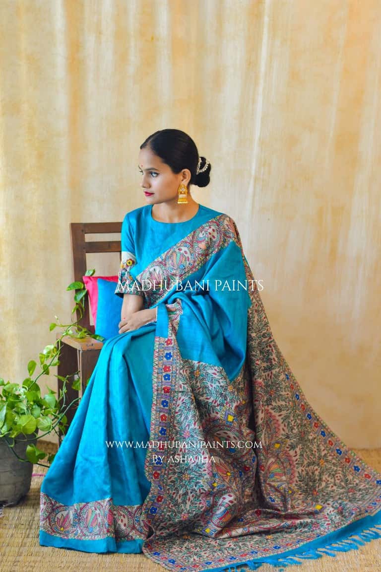 SAANKH KAMAL' Handpainted Madhubani Tussar Silk Saree — image 4 of 9