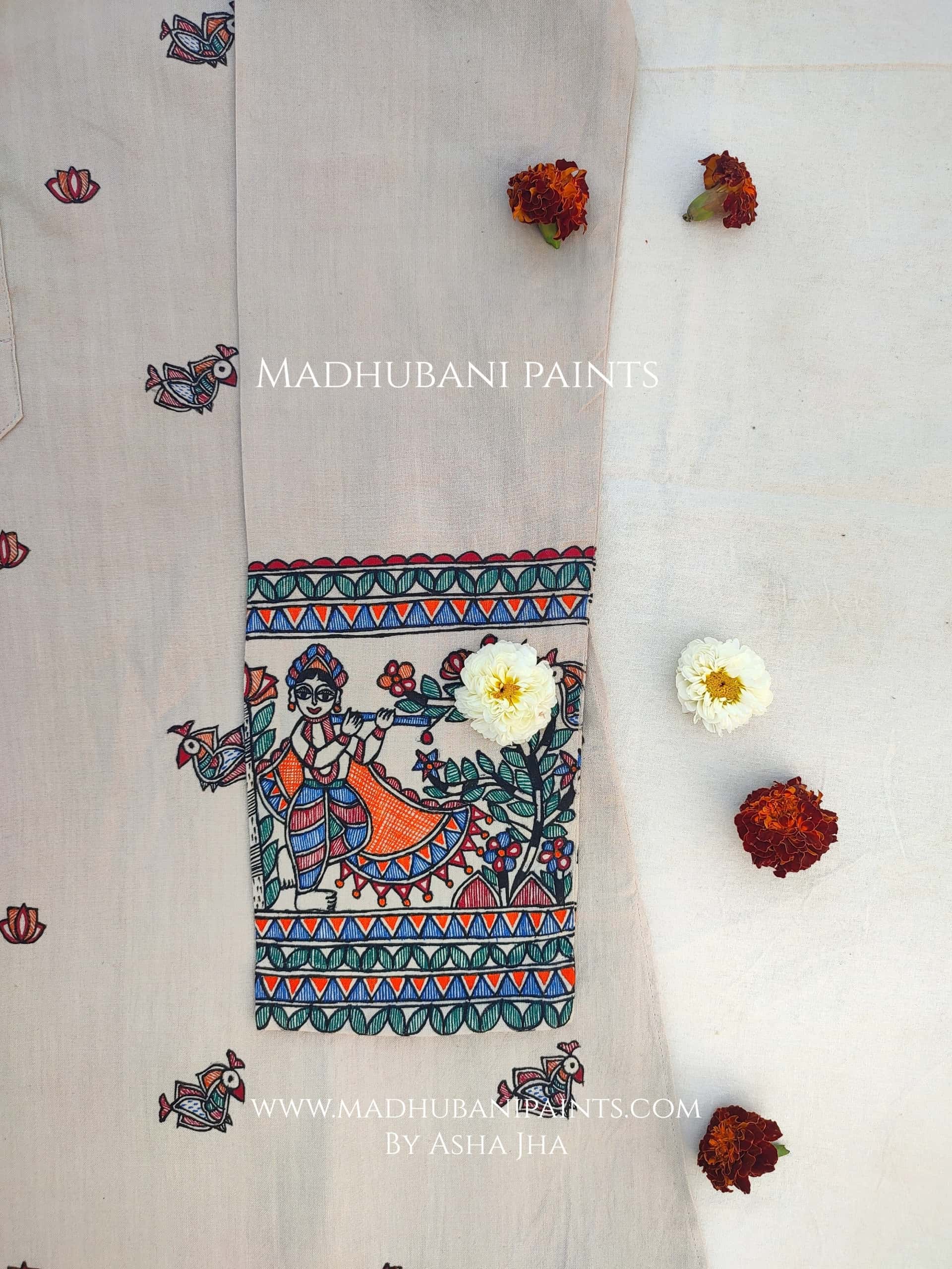 Radha Krishna Mayuri Hand-painted Handloom Men's Cotton Kurta — image 5 of 6