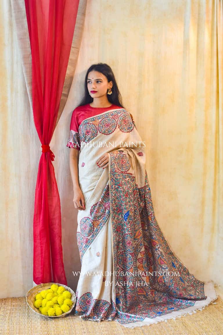 'MATSYA NRITYA'  Handpainted Madhubani Tussar Silk Saree — image 2 of 8
