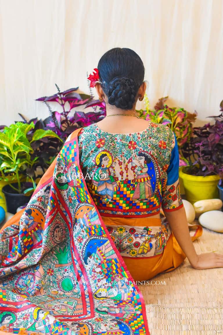 Swayamvar Kohbar Kathaa Madhubani Paints Hand Painted Saree Blouse Set — image 2 of 7