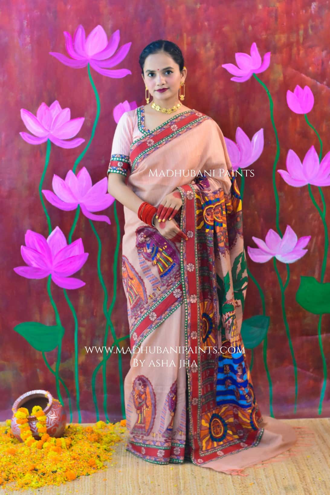 VRAT VARDHINI Chhath Puja Handpainted Madhubani Chanderi Saree Blouse Set — image 4 of 9