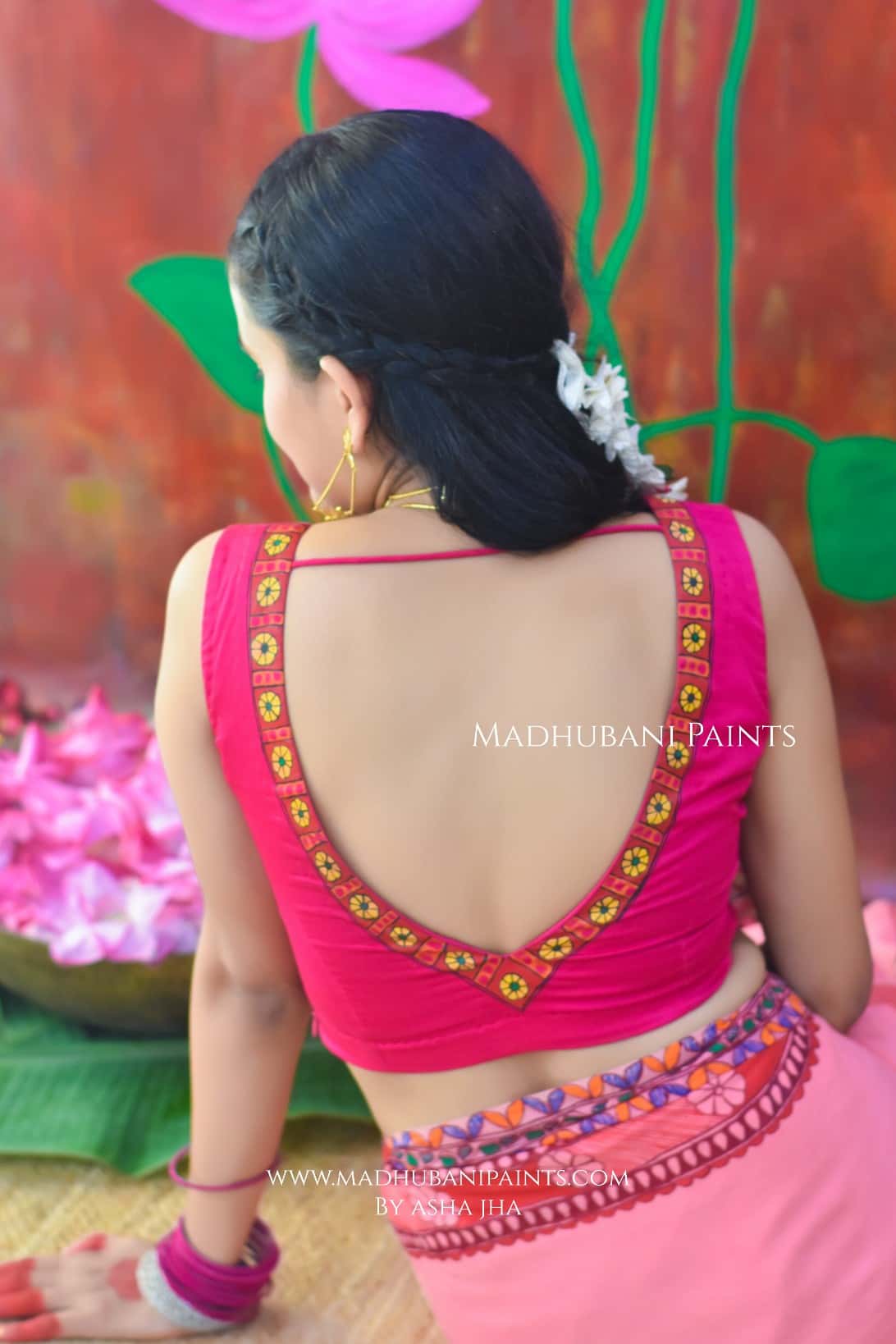 POOJA VIBHUTI Chhath Puja Hand-painted Madhubani Georgette Saree Blouse Set — image 8 of 9