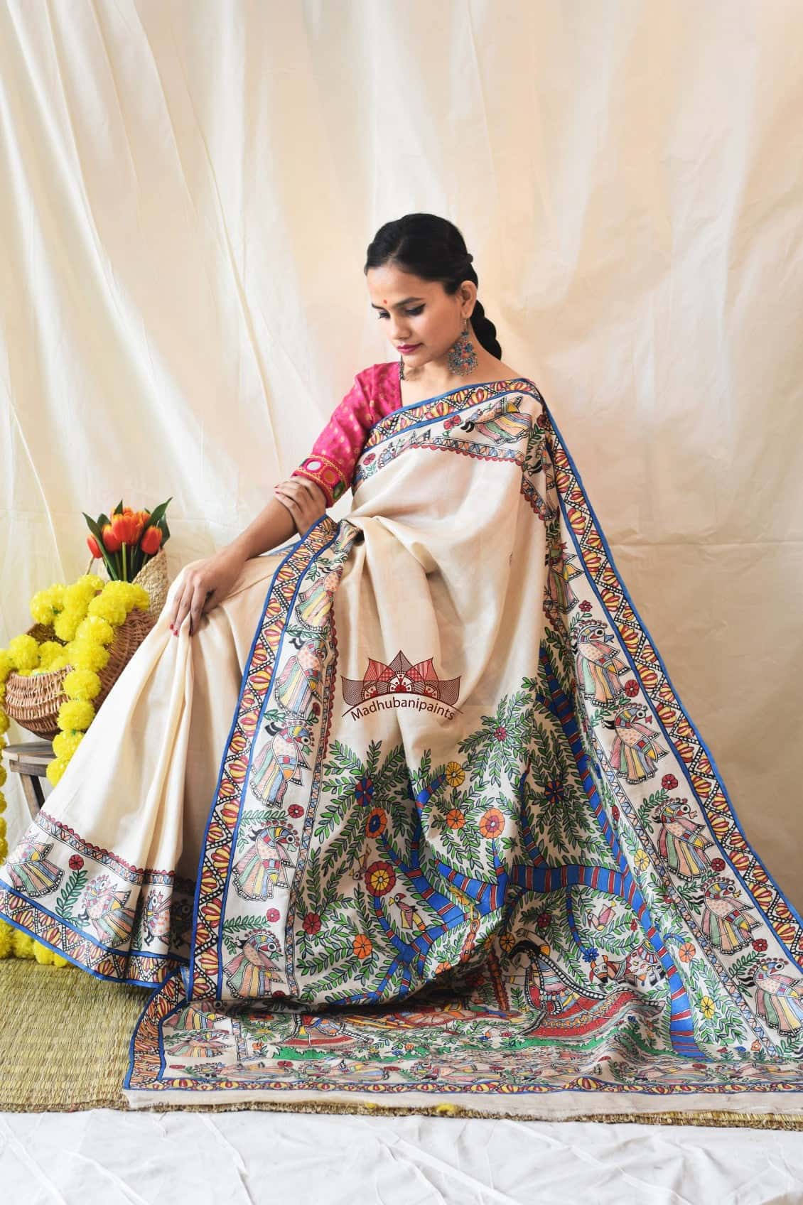 Jhule Nandlaal Vrindavan Hand Painted Saree — image 3 of 6