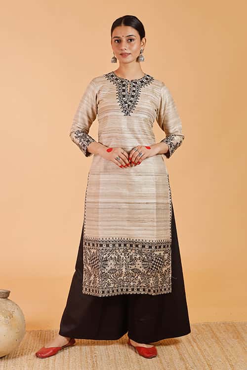 'Joda Mayuri' Handpainted Madhubani Ghicha Silk Kurta — image 2 of 8