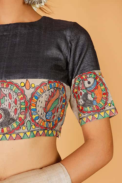'Surmai Shankh' Handpainted Madhubani Tussar Silk Blouse — image 3 of 7