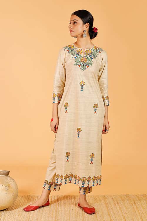 'Surmai Kamal' Handpainted Madhubani Cotton Kurta — image 2 of 8