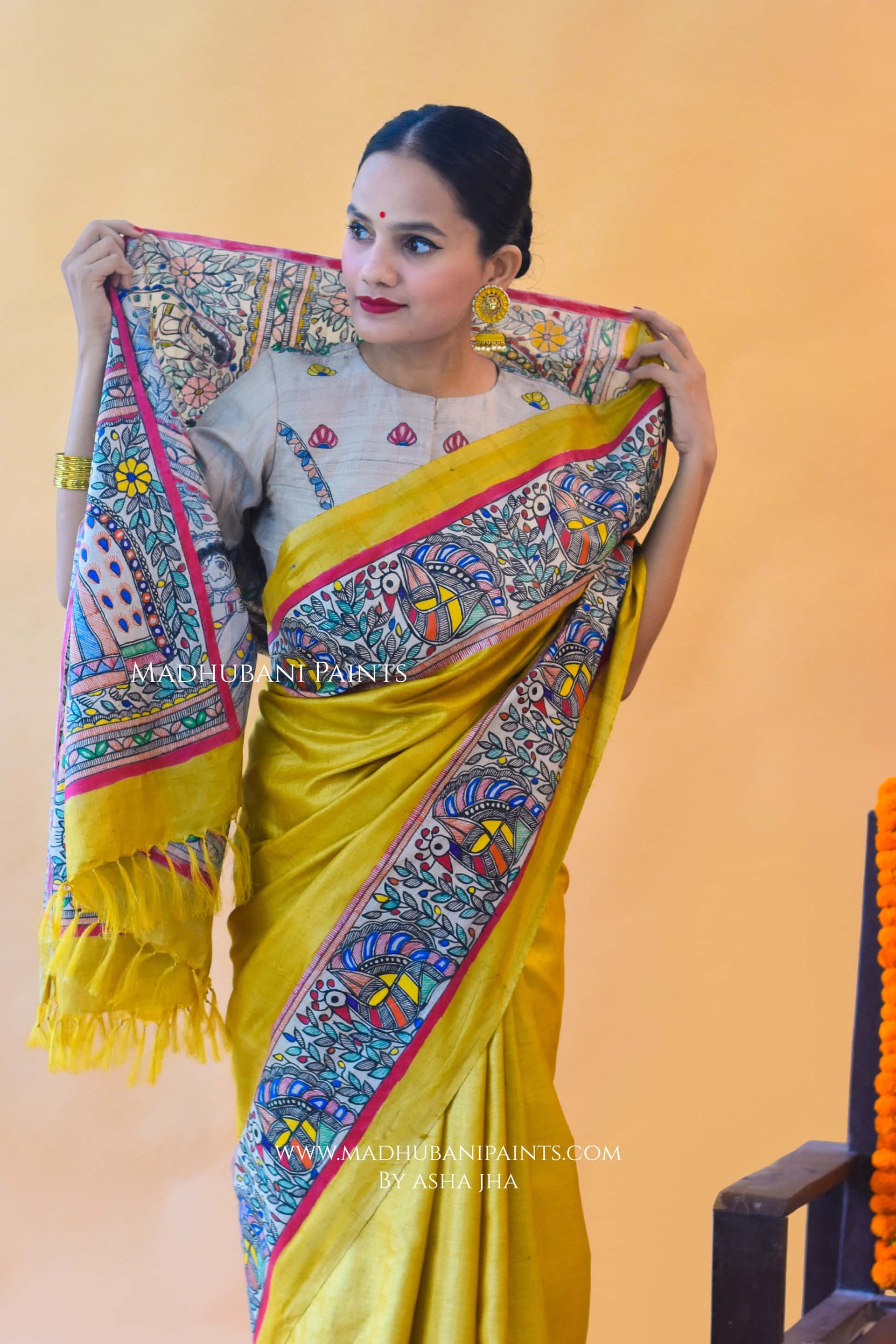 "Peela Ramayan" Hand-painted Madhubani Tussar Silk Saree — image 3 of 5
