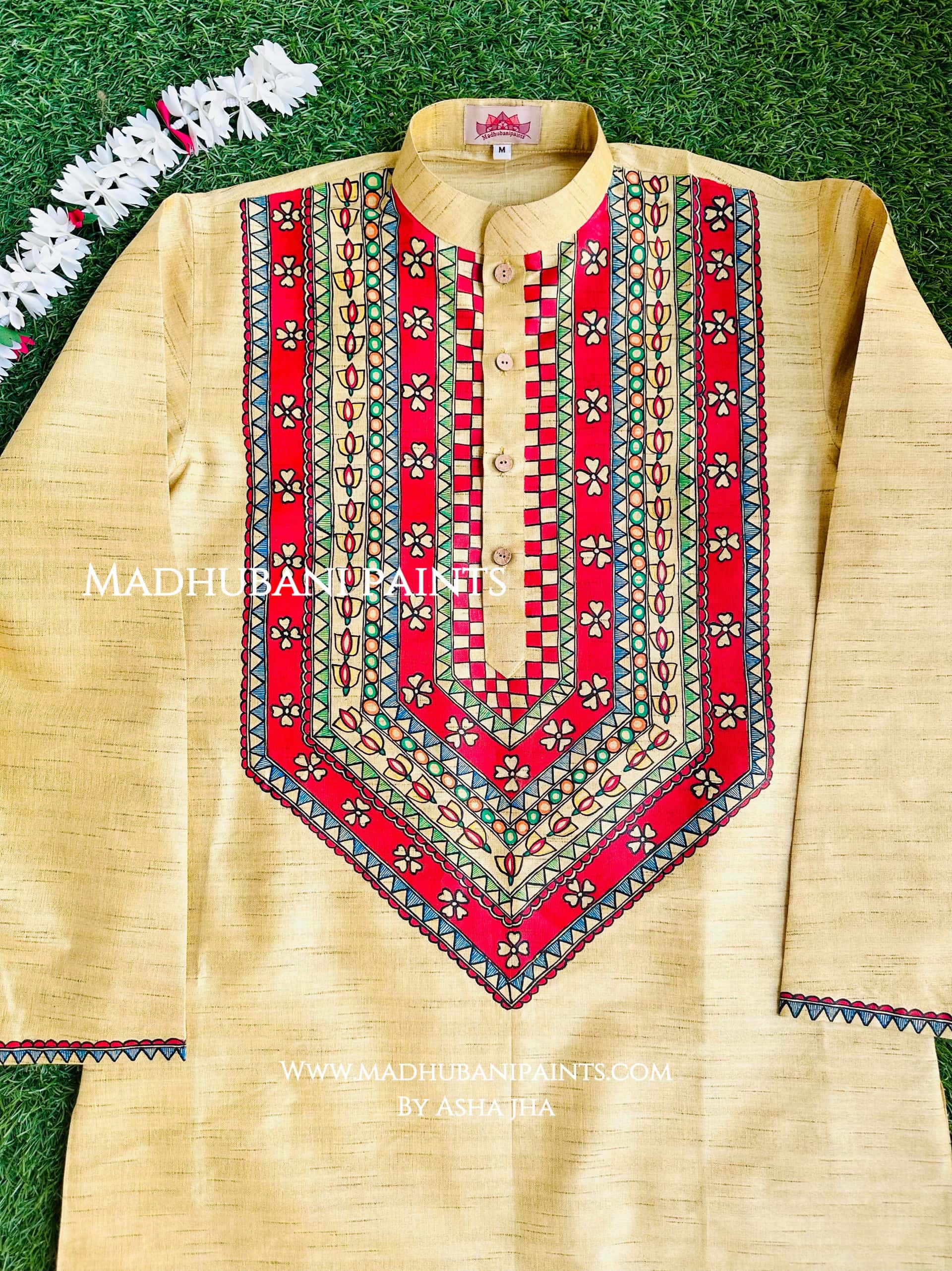 Yellow Phool Kamal Hand-painted  Madhubani Men's Cotton Kurta — image 2 of 4