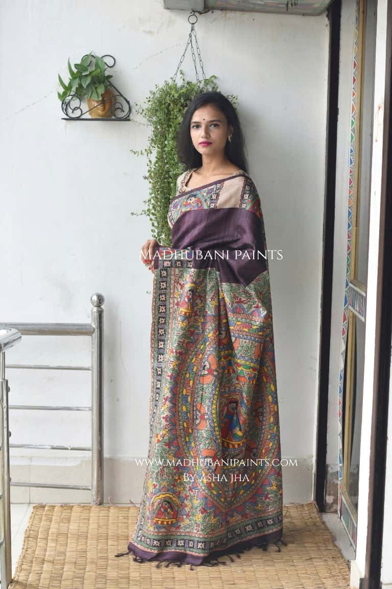 Bidai In Mithila Handpainted Madhubani Painting Saree with stitched blouse — image 3 of 9