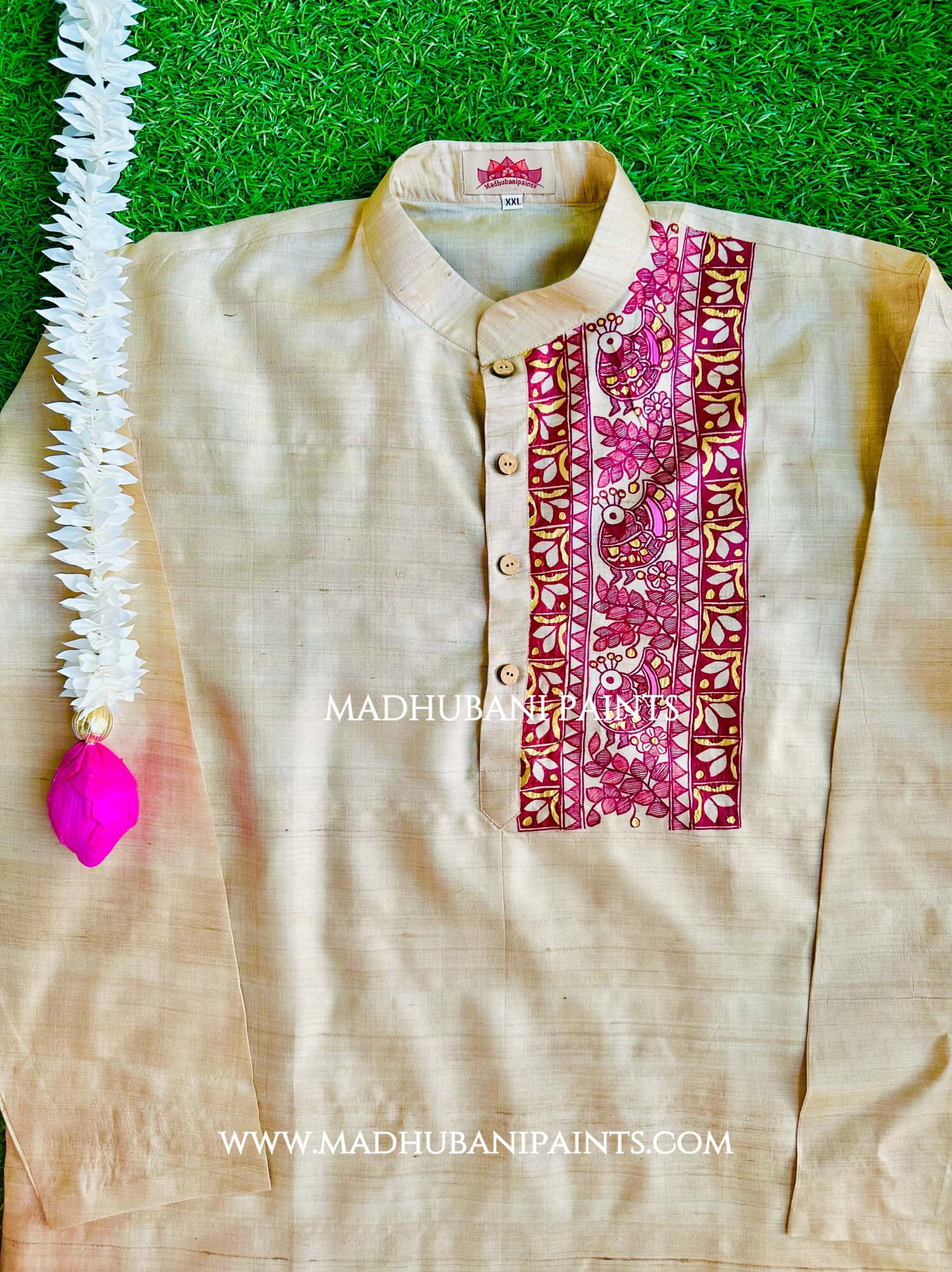 Maroon Golden Mithila Border Hand-painted Handloom Men's Tussar Silk Kurta — image 3 of 4