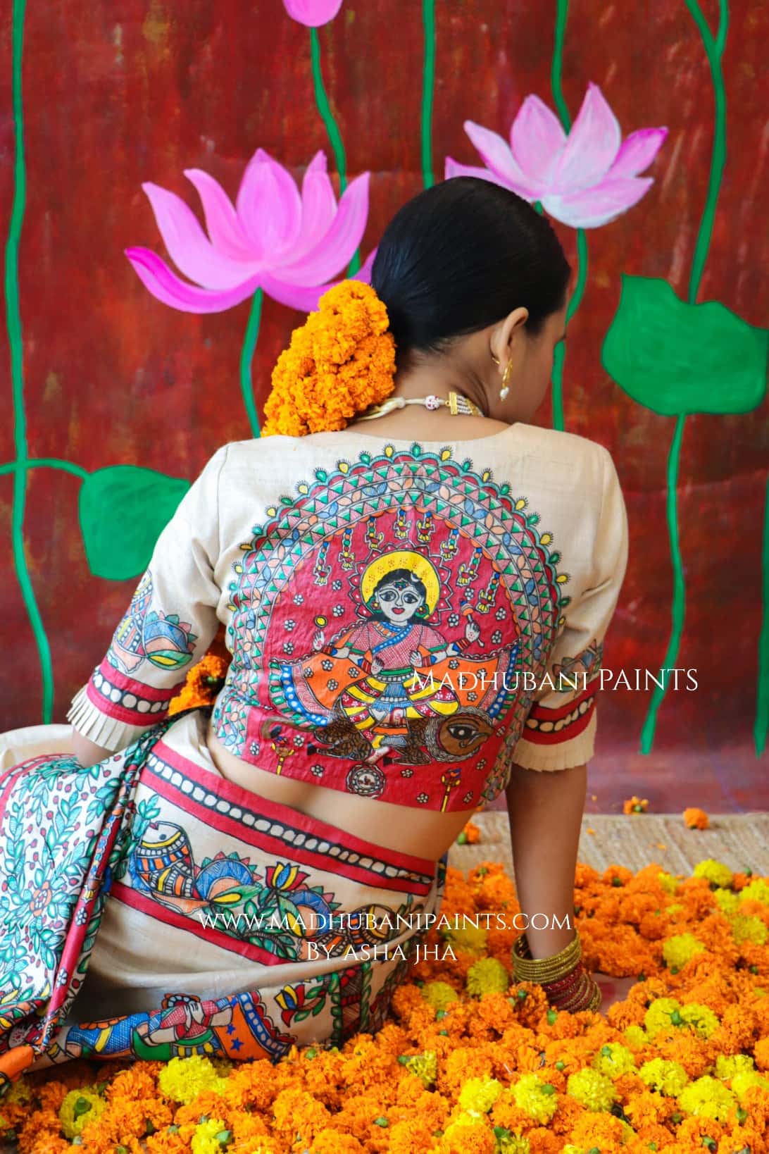 'MALINI' Handpainted Madhubani Tussar Silk Saree Blouse Set — image 4 of 11