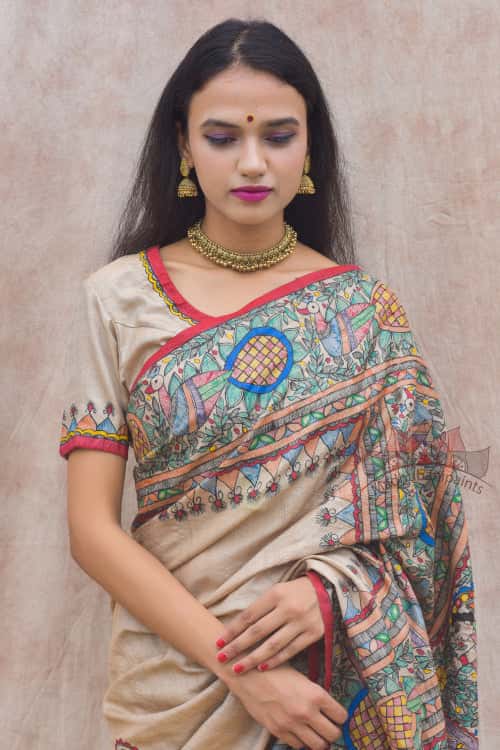 'RAMAYANA' Handpainted Madhubani Tussar Silk Saree Blouse Set — image 5 of 8