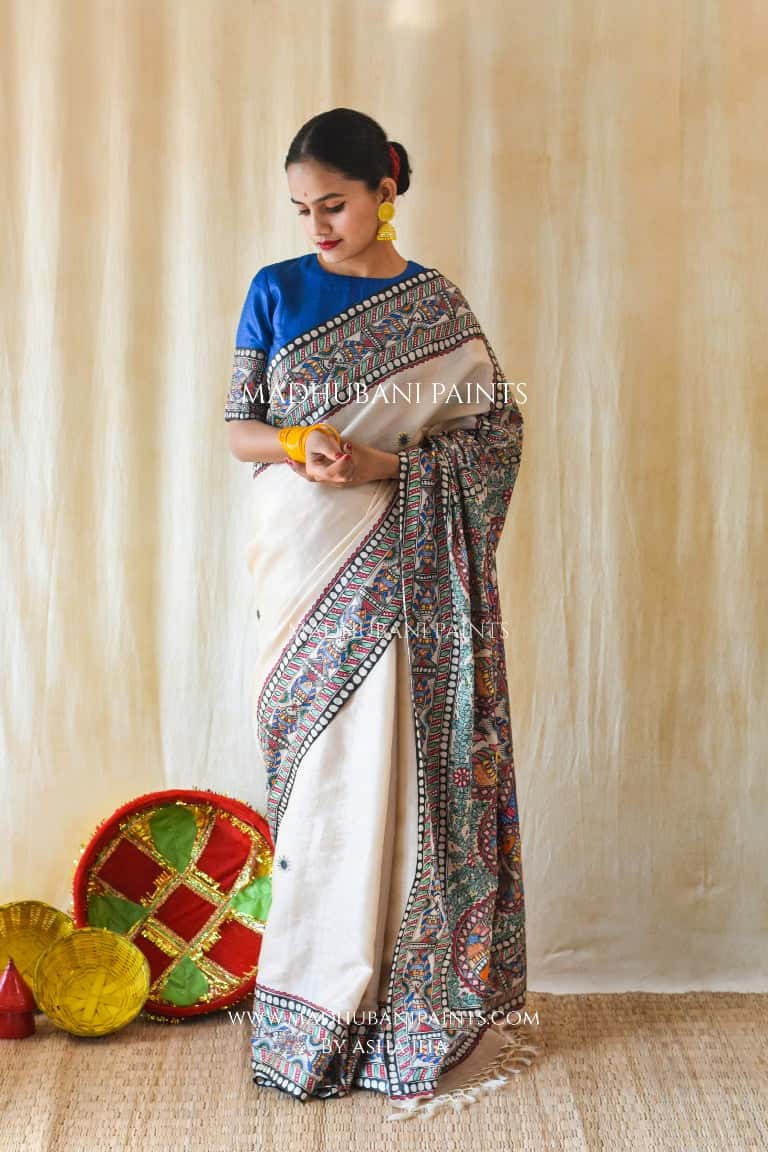 'MATSYA RAAS'  Handpainted Madhubani Tussar Silk Saree Blouse Set — image 7 of 9
