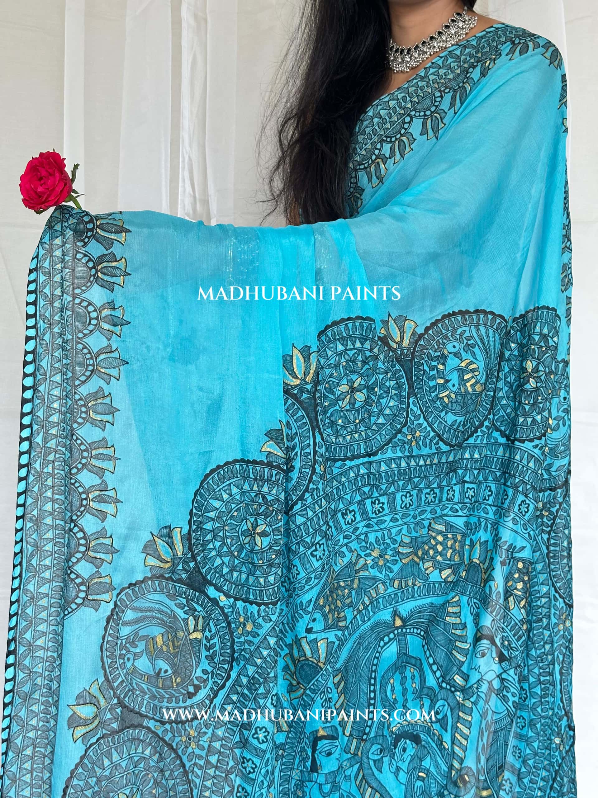 Aasmani Doli Hand-painted Madhubani Chiffon Saree — image 2 of 11