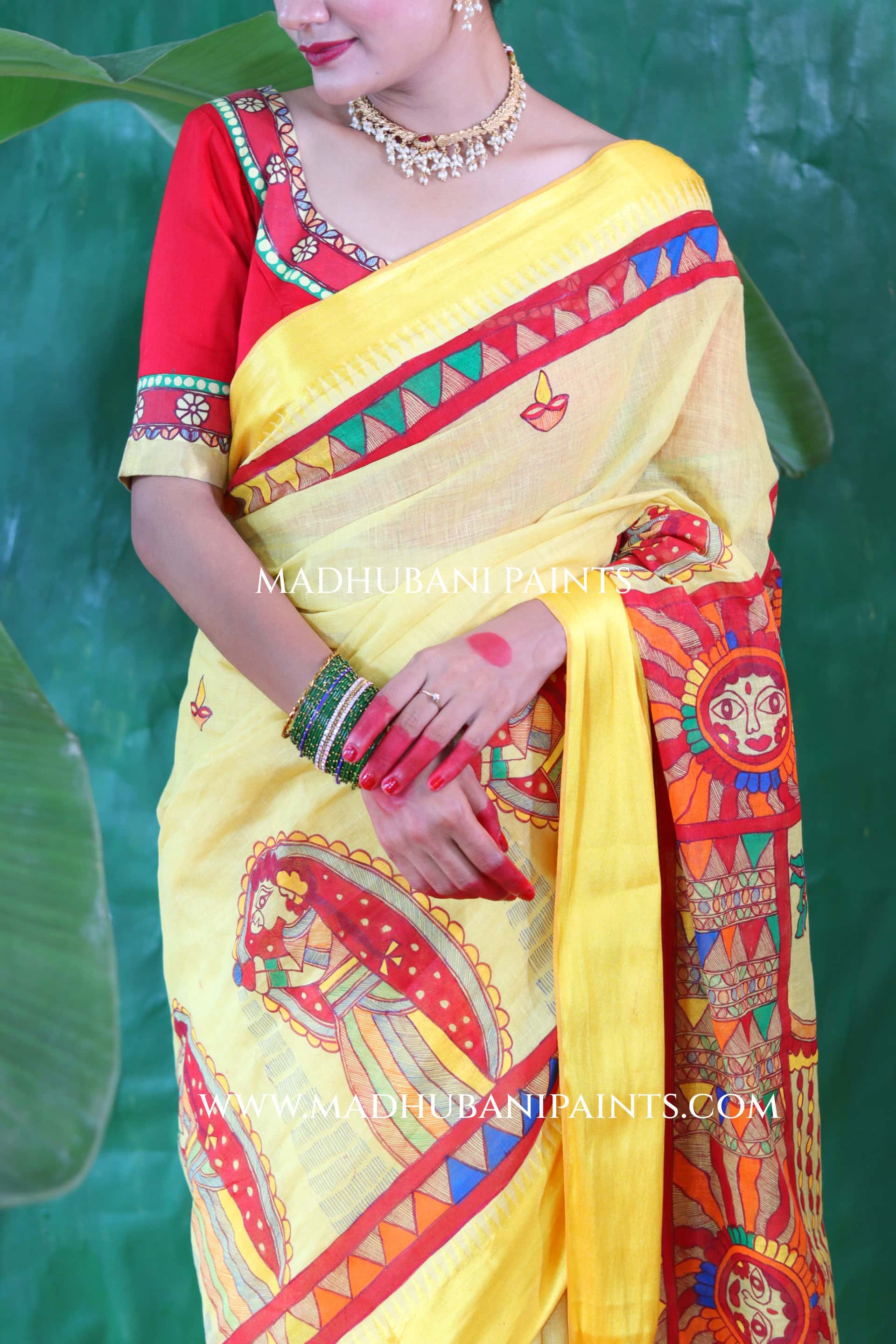 Chhath Puja Handpainted Madhubani Handloom Cotton Saree Blouse Set — image 4 of 5