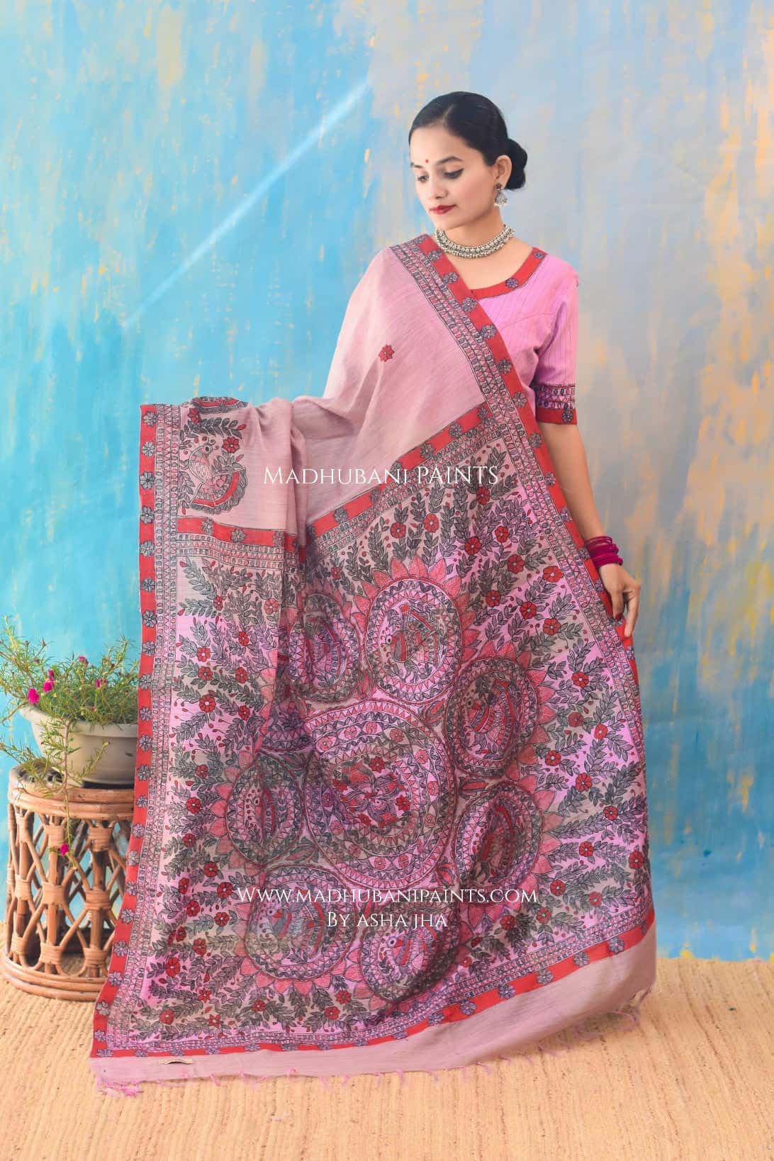 BASANT BAHAR Hand-painted Madhubani Chanderi Saree Blouse Set — image 4 of 9