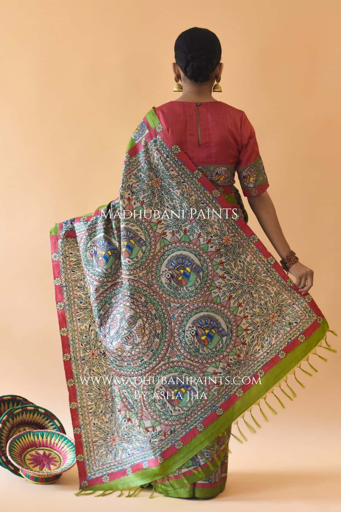 'HARI MORNI' Handpainted Madhubani Tussar Silk Saree Blouse Set — image 4 of 10