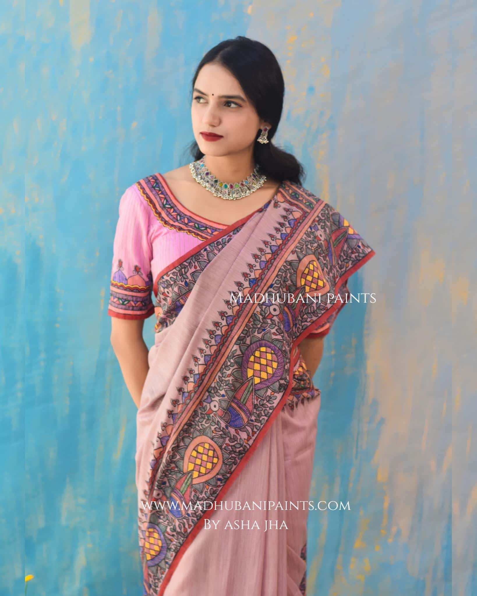 "Gulabi Ramayan" Hand-painted Madhubani Chanderi Saree — image 6 of 8
