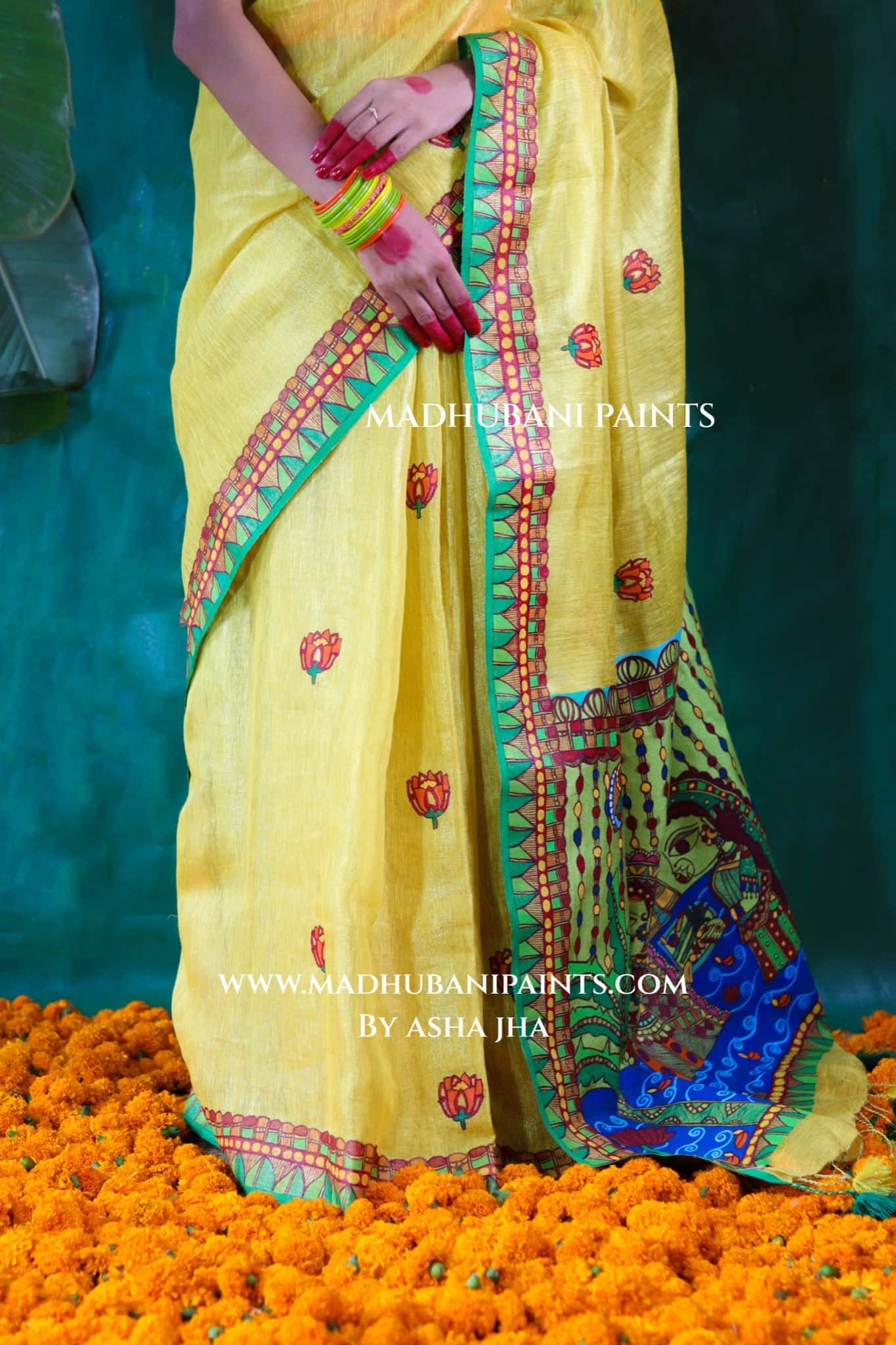 VRATI Chhath Puja Handpainted Madhubani Tissue Linen Saree Blouse Set — image 12 of 15