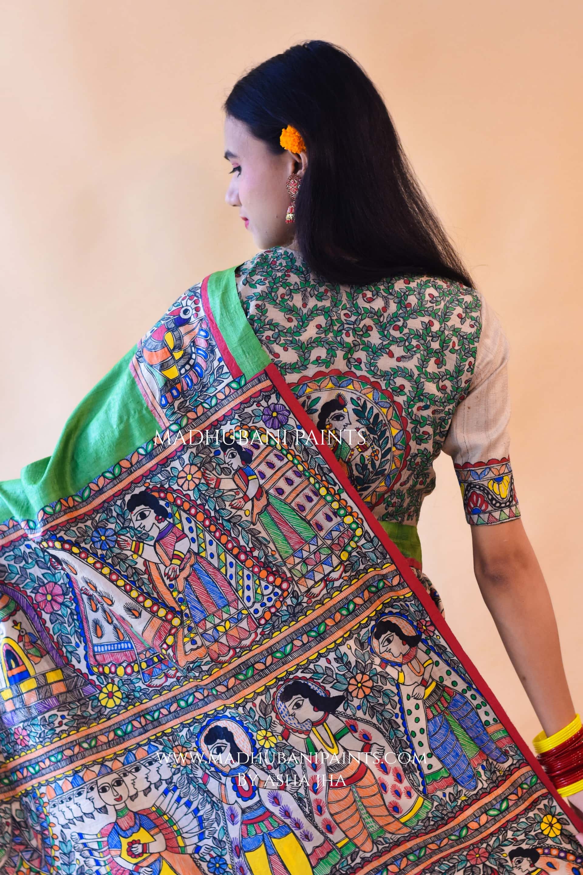"Hariyali Ramayan" Hand-painted Madhubani Tussar Silk Saree Blouse Set — image 4 of 8