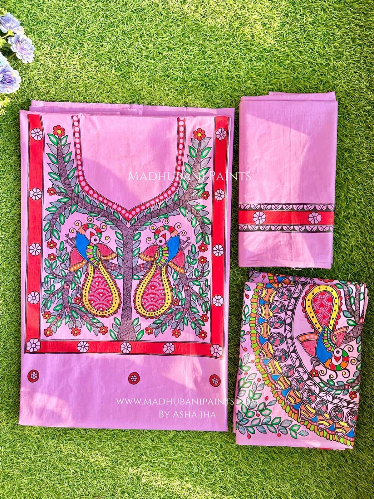Lilac Judwa Mayuri Hand-painted Madhubani Painting Cotton Unstitched Kurta Pant Dupatta Set — image 2 of 3
