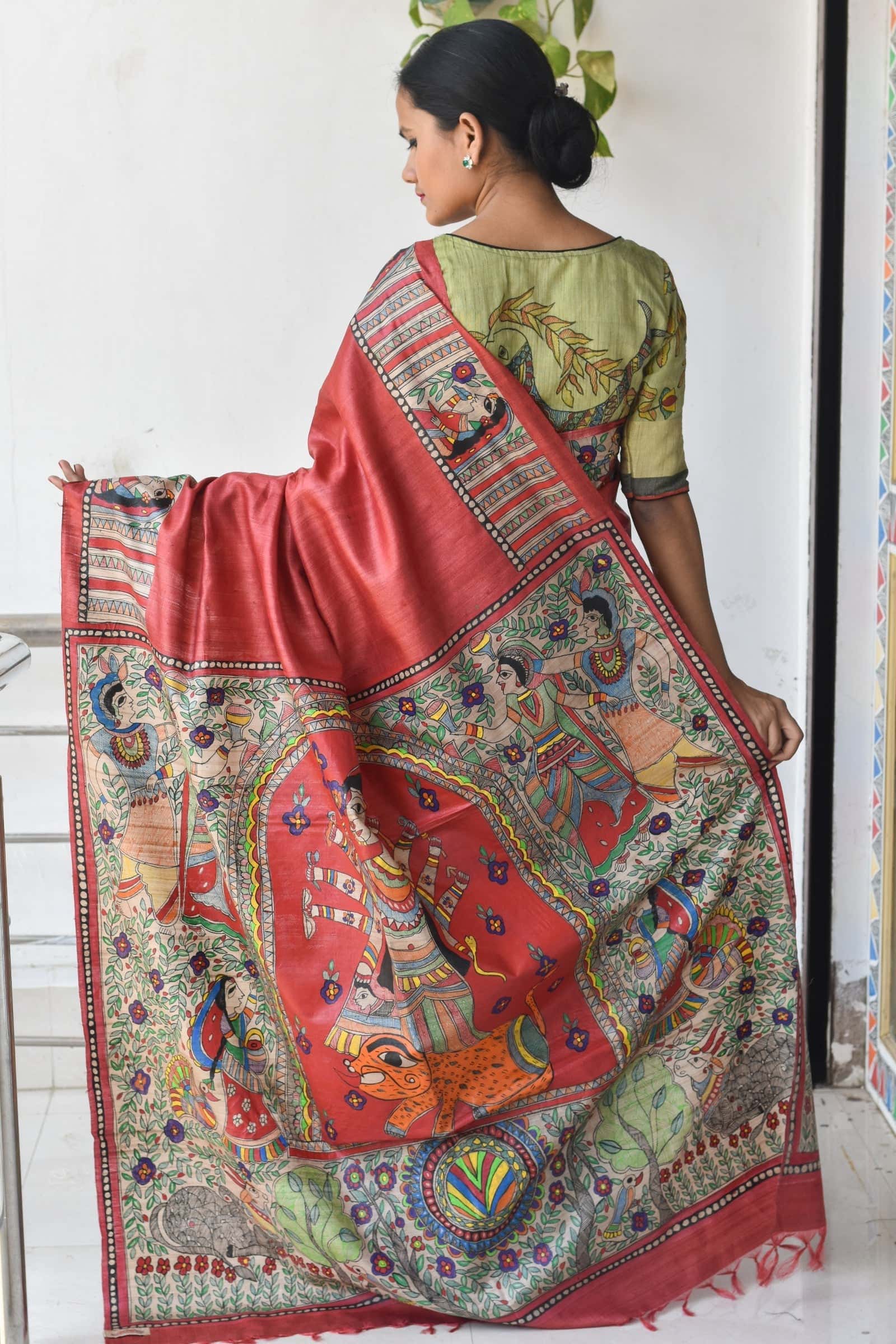 Durga Red Hand Painted Madhubani Saree — image 4 of 5