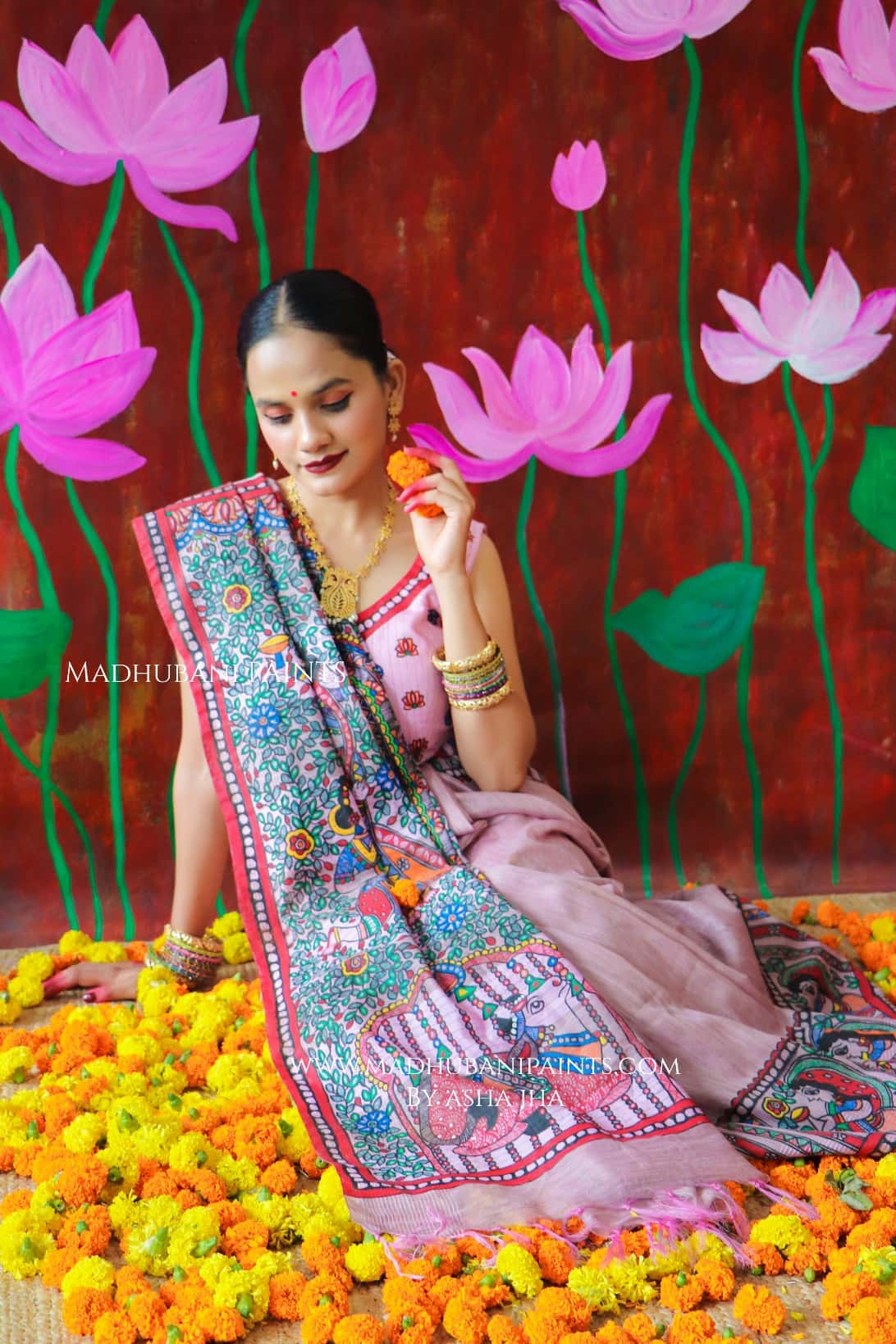 'BHARGAVI' Handpainted Madhubani CHANDERI Saree Blouse Set — image 2 of 11