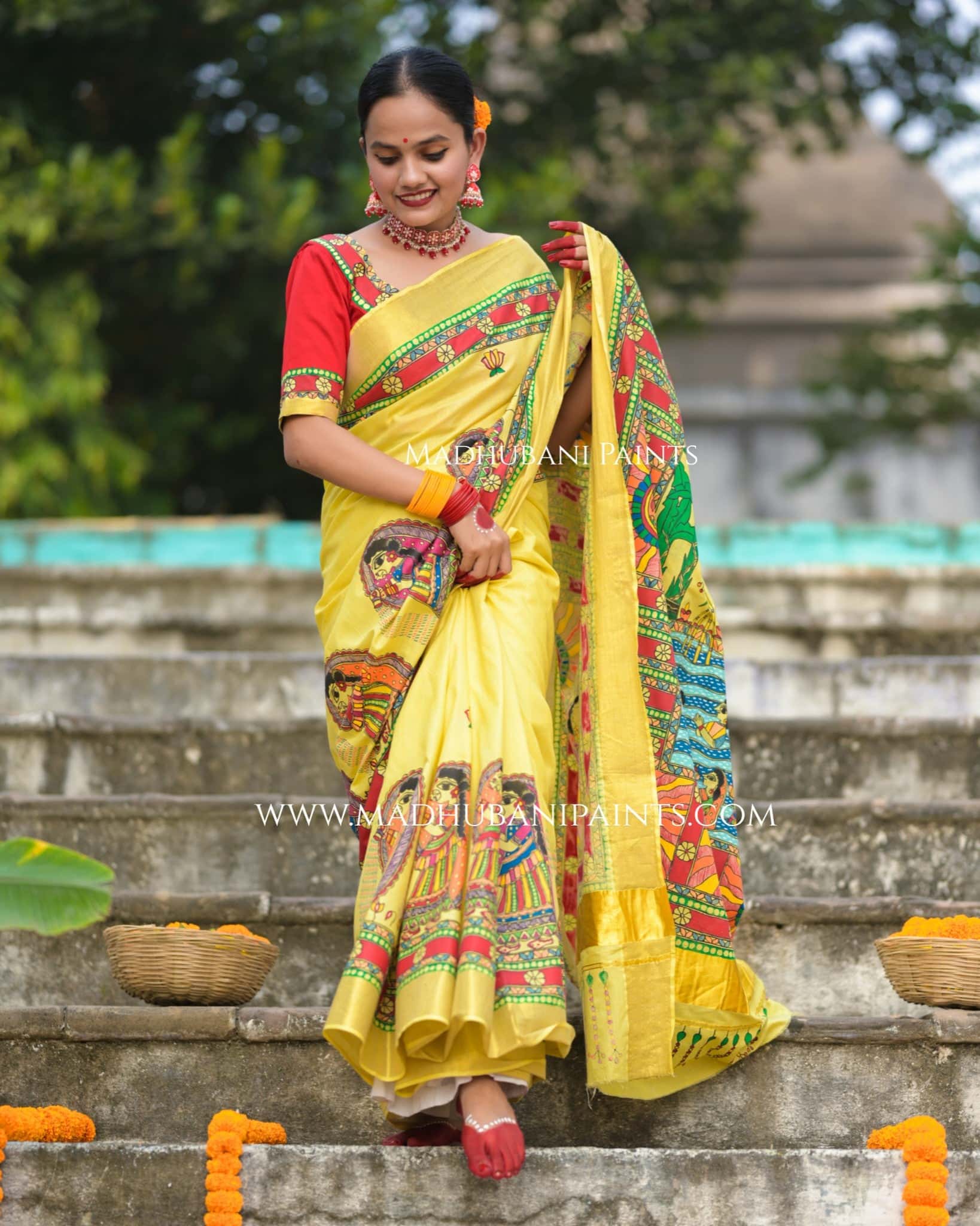 Surya Shalini Chhath Puja Handpainted Madhubani Cotton Saree — image 5 of 13